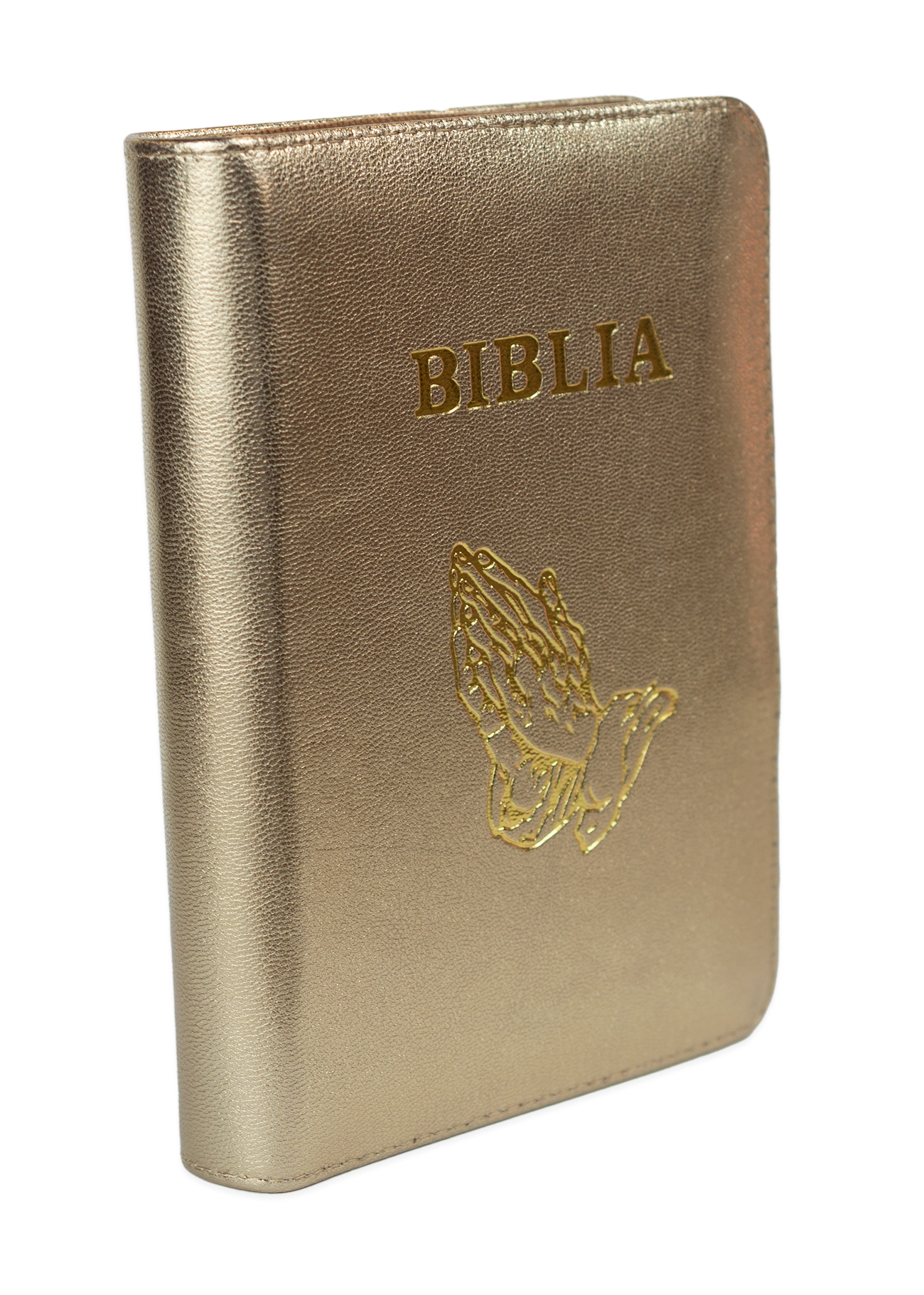Biblia format mic, din piele, culoare, auriu deschis sidefat,  index, simbol maini,  fermoar, margini argintii, cuv. lui Isus in rosu [047 PFI]