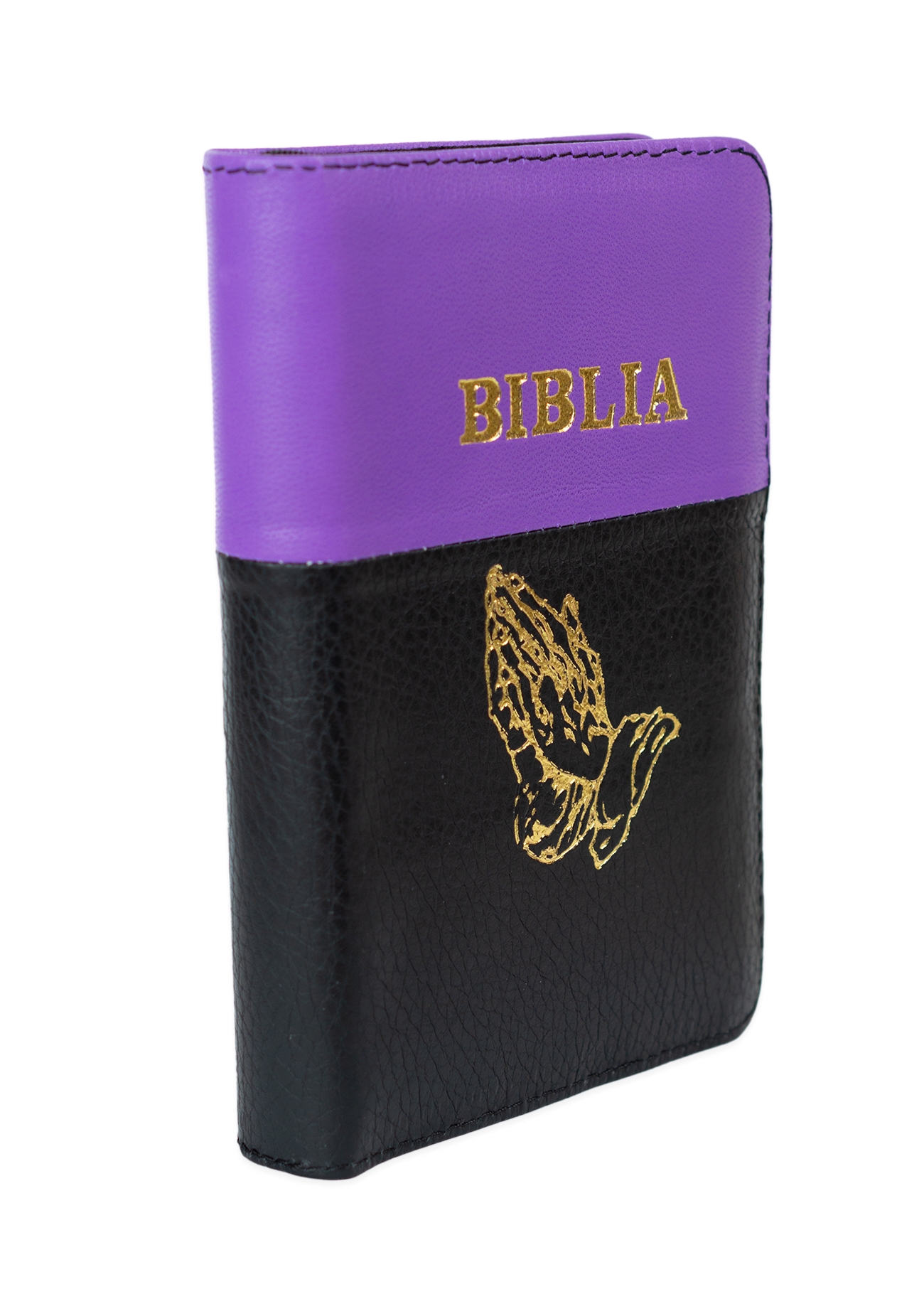 Biblia format mic, din piele, culoare, mov cu negru,  index, simbol maini,  fermoar, margini argintii, cuv. lui Isus in rosu [047 PFI]