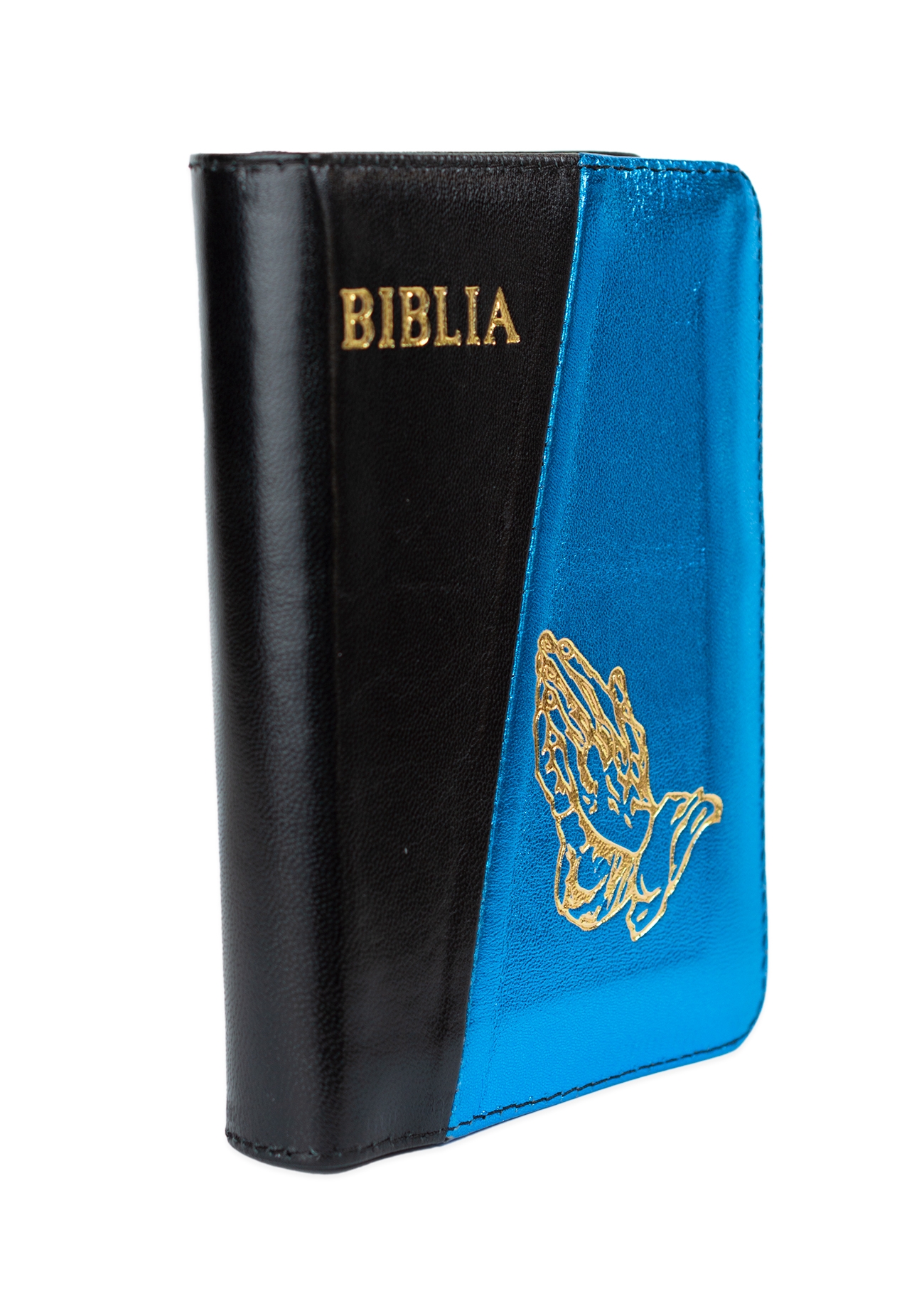 Biblia format mic, din piele, culoare, negru cu albastru  sidefat,  index, simbol maini,  fermoar, margini argintii, cuv. lui Isus in rosu [047 PFI]