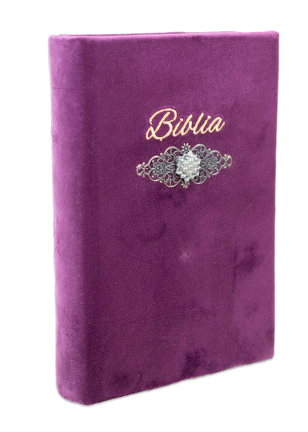 Biblia handmade, model 61, marime medie, coperta tare textila, margini aurii, index, cuv. lui Isus cu rosu [SI 057 HM]