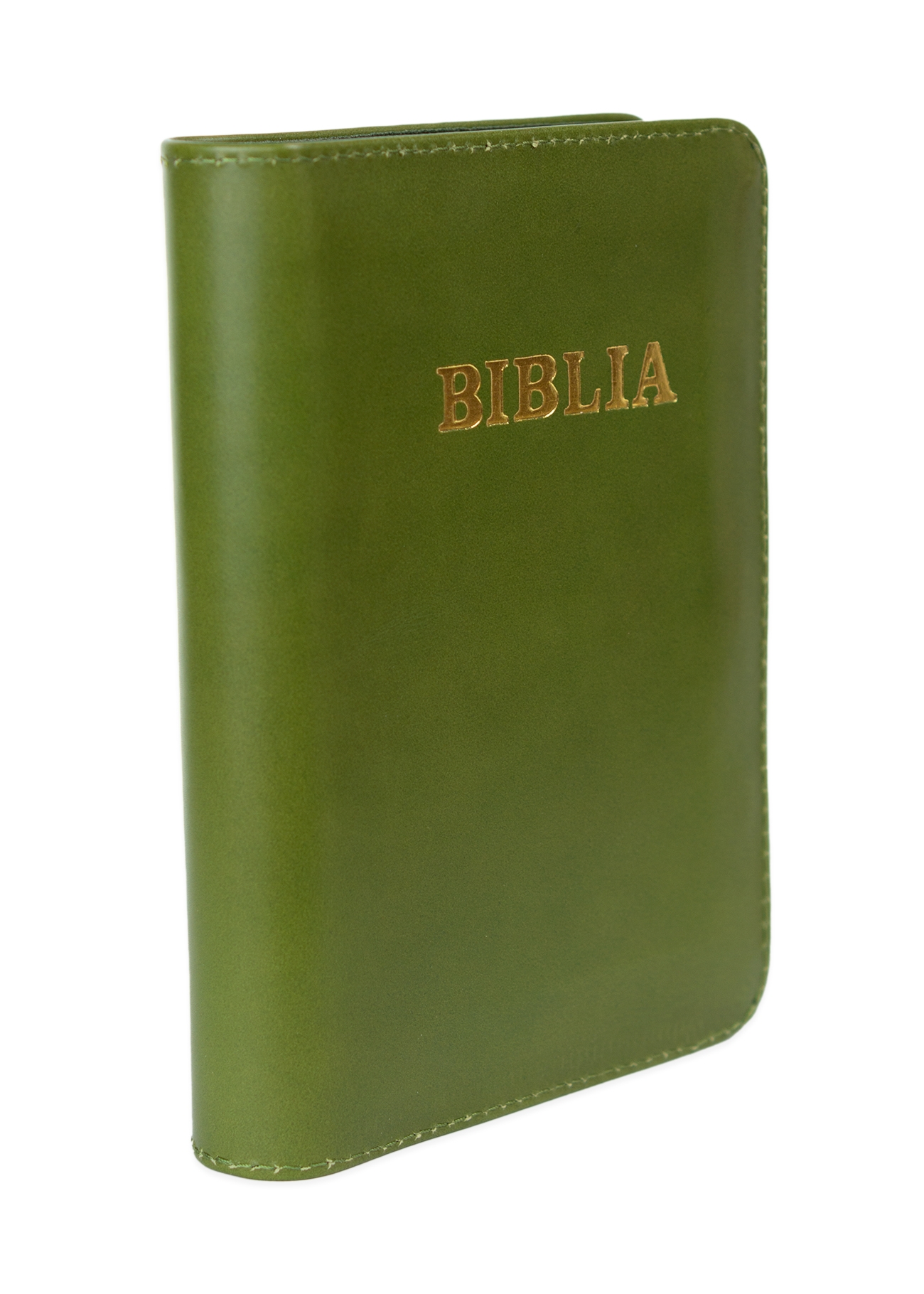Biblia format mic, din piele, culoare, verde,  index,  fermoar, margini argintii, cuv. lui Isus in rosu [047 PFI]