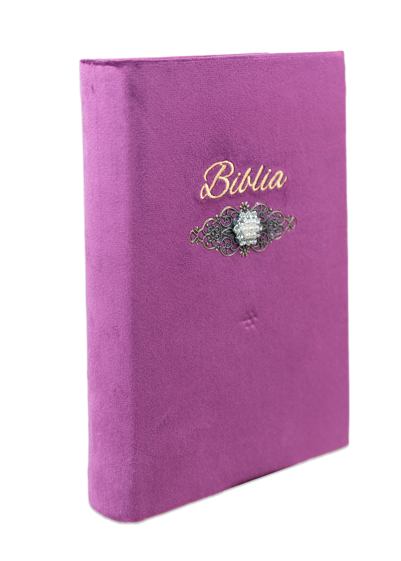 Biblia handmade, model 60, marime medie, coperta tare textila, margini aurii, index, cuv. lui Isus cu rosu [SI 057 HM]