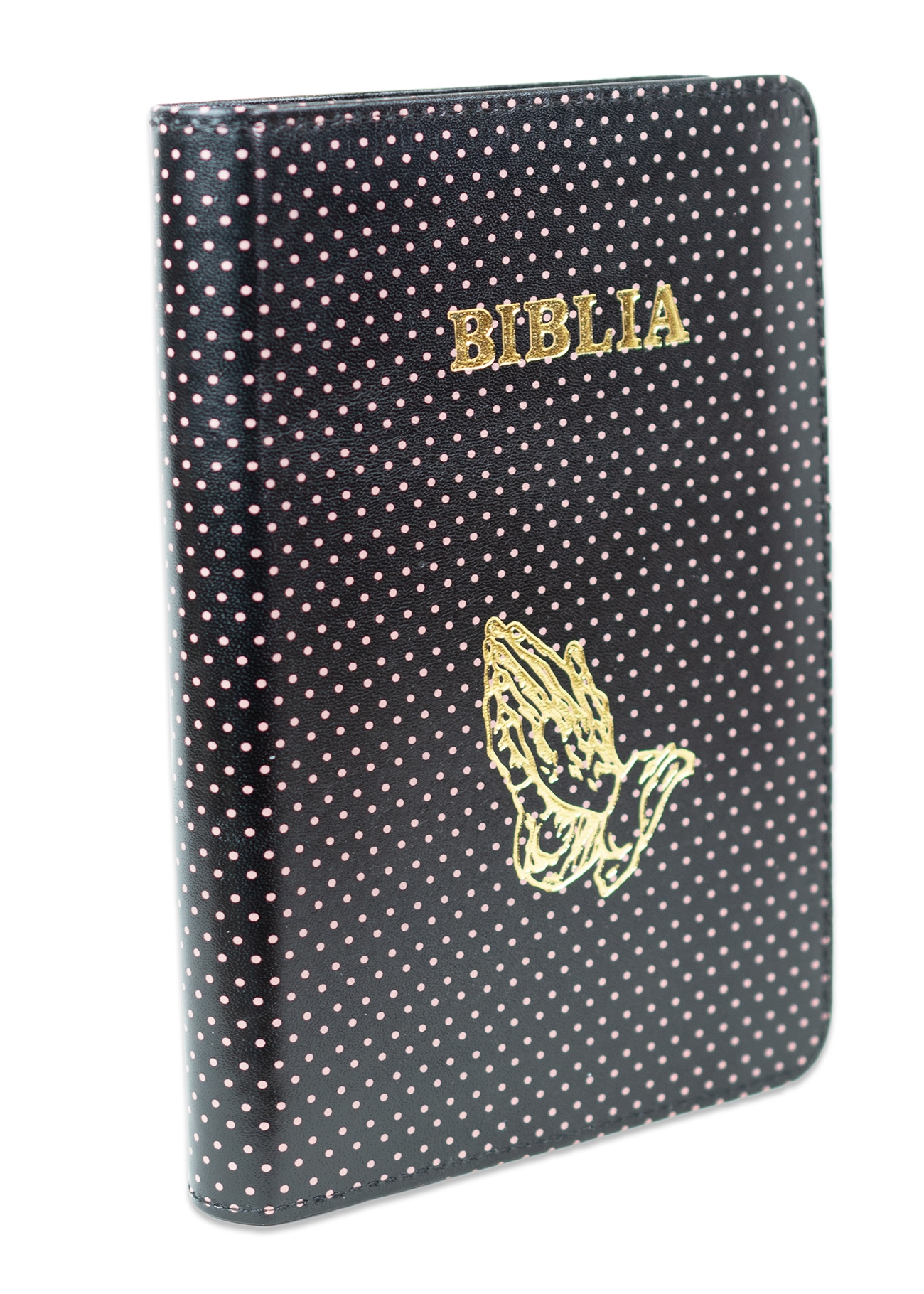Biblie din piele, marime medie, culoare negru cu puncte roz , simbol maini in rugaciune, fermoar, index, margini aurii, cuv. lui Isus cu rosu [SB 057 PFI]