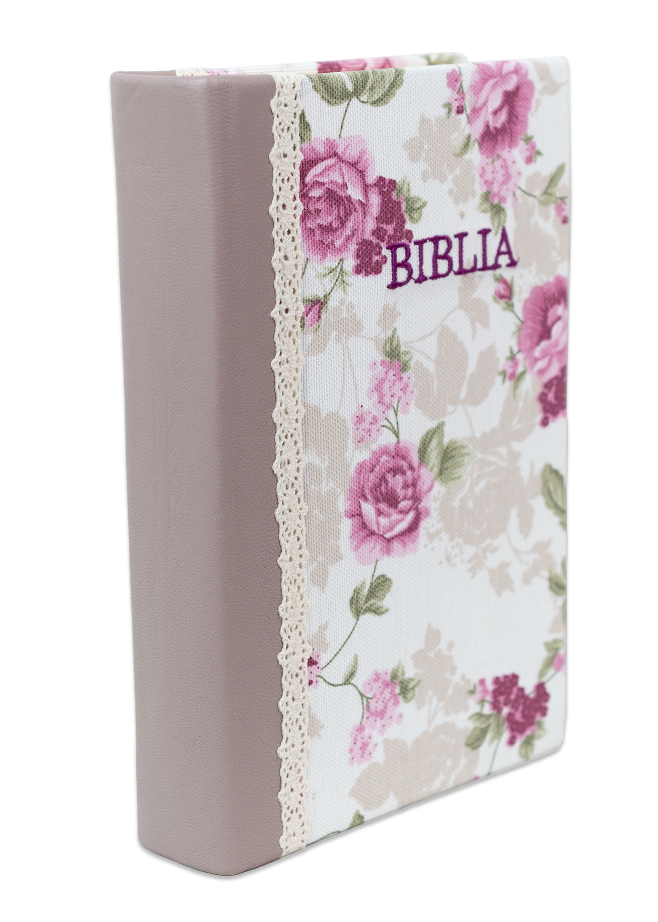 Biblia handmade, marime medie, coperta cartonata textila, motiv floral, margini aurii, cuv. lui Isus cu rosu [SI 052 HM]