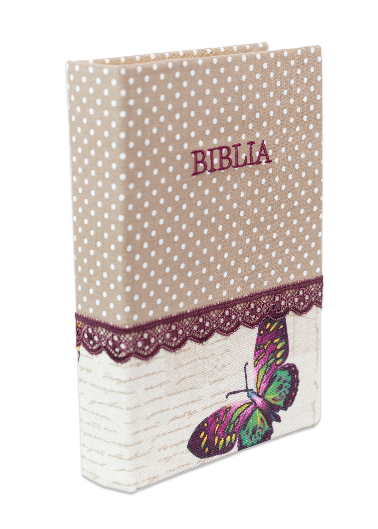 Biblia handmade, marime medie, coperta cartonata textila, model buline/fluture, margini aurii, cuv. lui Isus cu rosu [SI 052 HM]