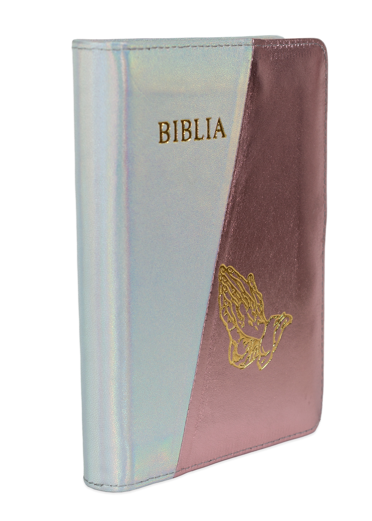 Biblie din piele, marime medie, culoare, gri deschis sidefat cu roz sidefat, simbol maini in rugaciune, fermoar, index, margini aurii, cuv. lui Isus cu rosu [SB 057 PFI]