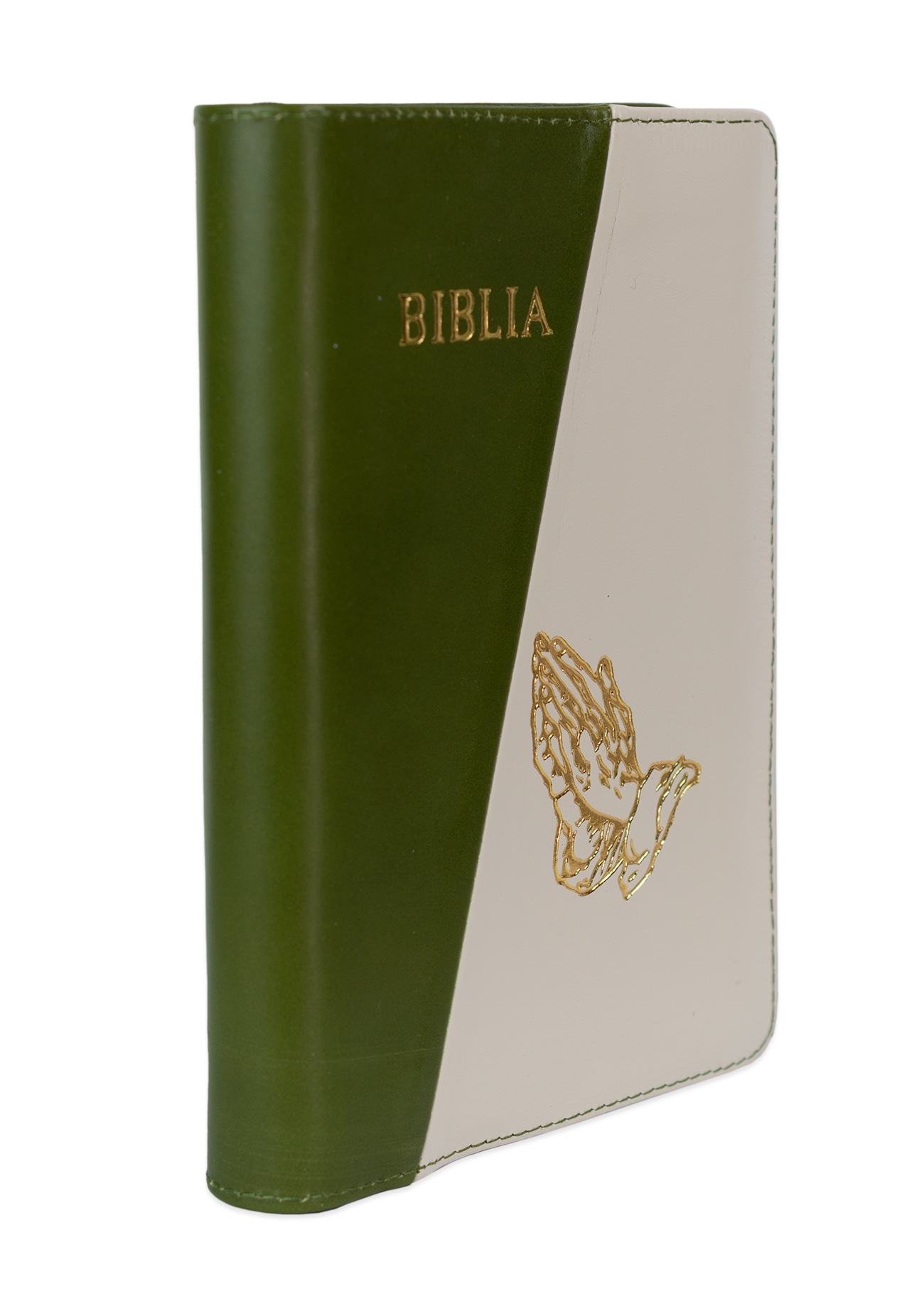 Biblie din piele, marime medie, culoare, verde oliv cu crem deschis, simbol maini in rugaciune, fermoar, index, margini aurii, cuv. lui Isus cu rosu [SB 057 PFI]