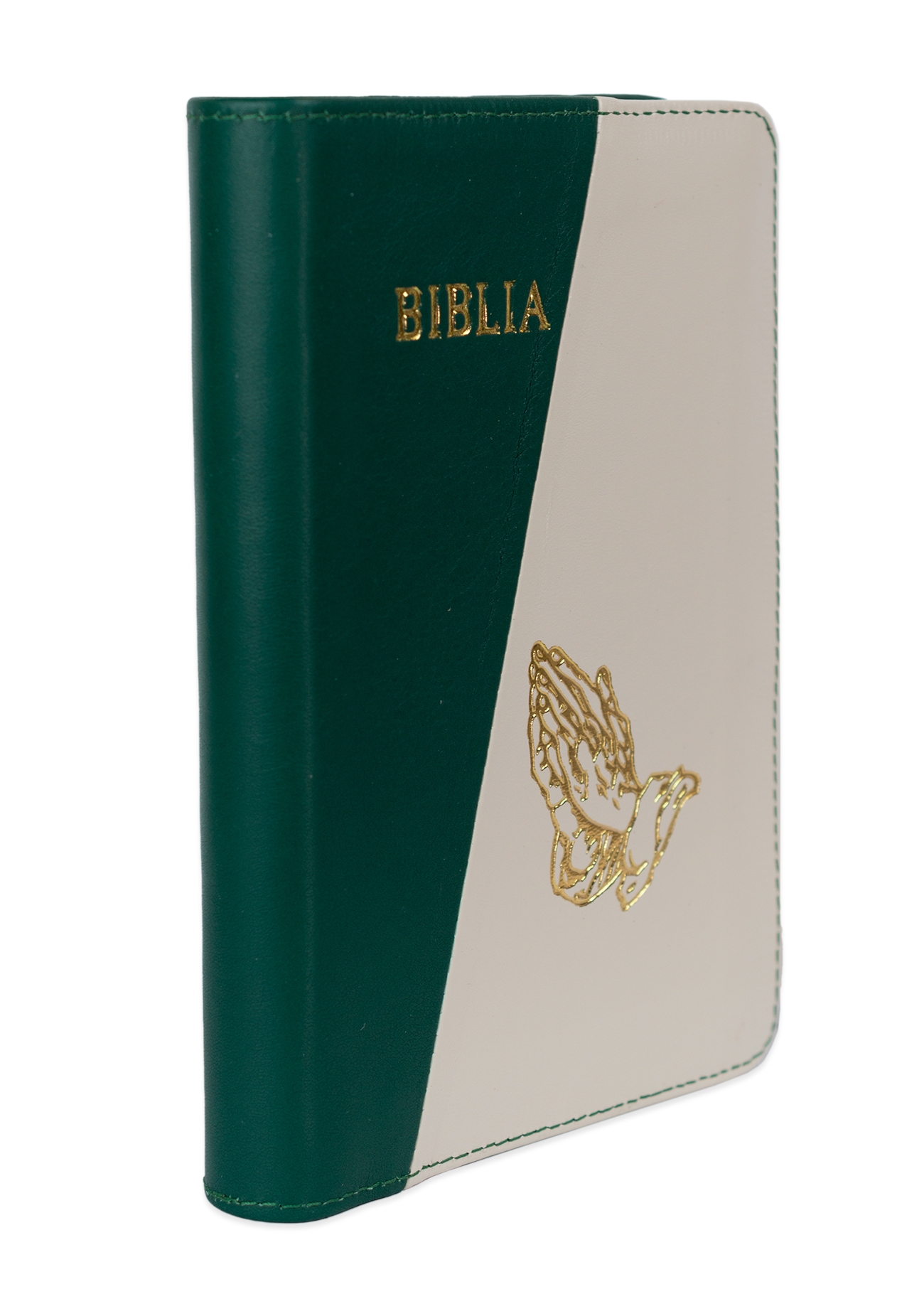 Biblie din piele, marime medie, culoare, verde cu crem deschis, simbol maini in rugaciune, fermoar, index, margini aurii, cuv. lui Isus cu rosu [SB 057 PFI]