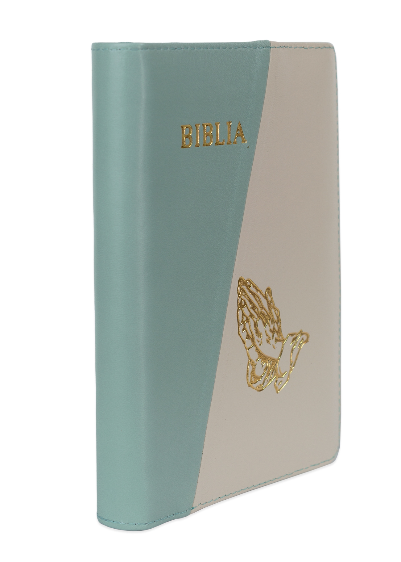 Biblie din piele, marime medie, culoare, albastru turcoaz deschis cu crem, simbol maini in rugaciune, fermoar, index, margini aurii, cuv. lui Isus cu rosu [SB 057 PFI]