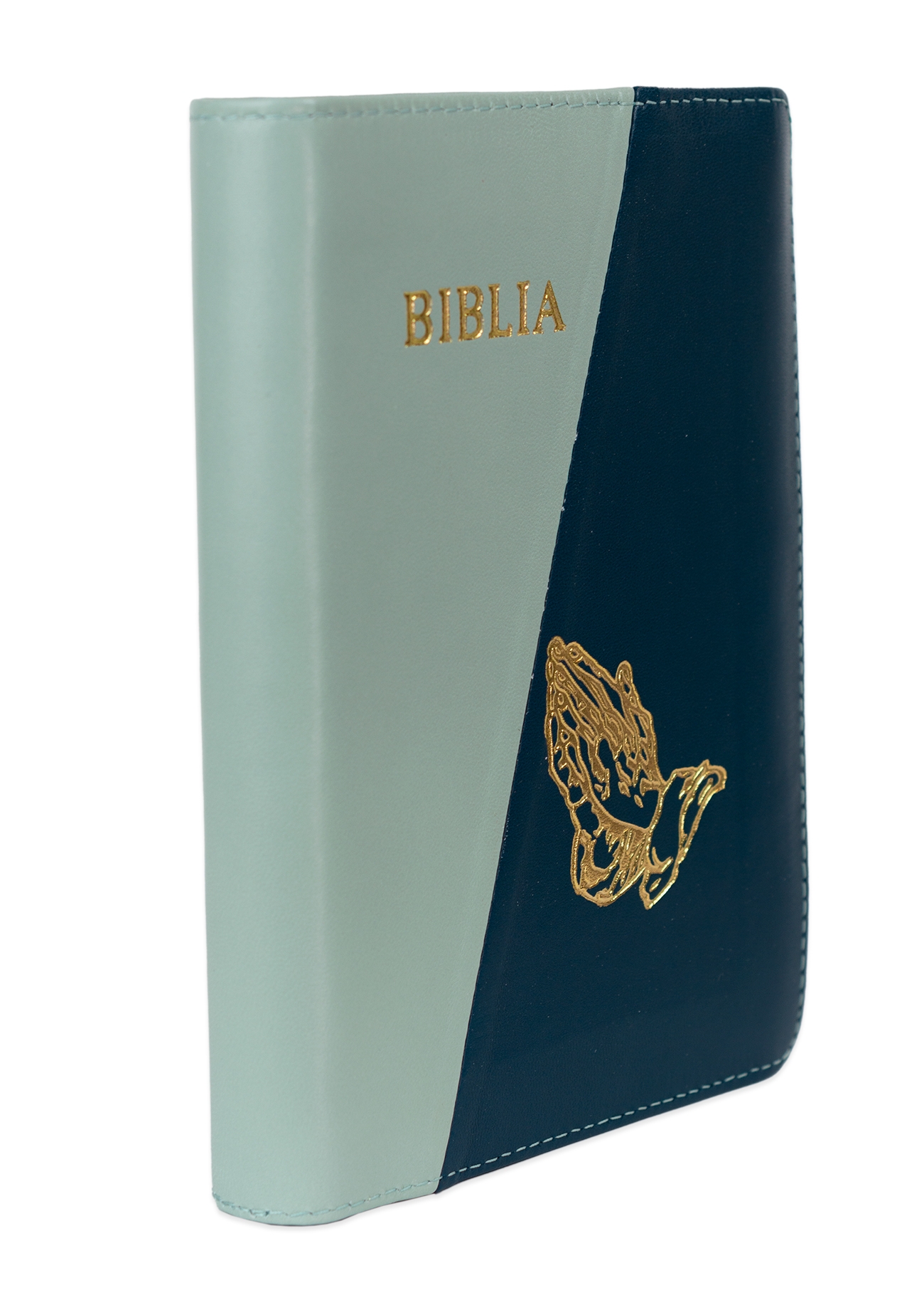 Biblie din piele, marime medie, culoare, verde mentă cu albastru metal, simbol maini in rugaciune, fermoar, index, margini aurii, cuv. lui Isus cu rosu [SB 057 PFI]