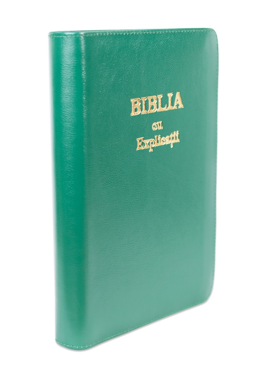 Biblia cu explicatii + concordanta biblica, piele naturala, verde, fermoar, index, aurita, cuv. lui Isus cu rosu [CO 77 PFI]