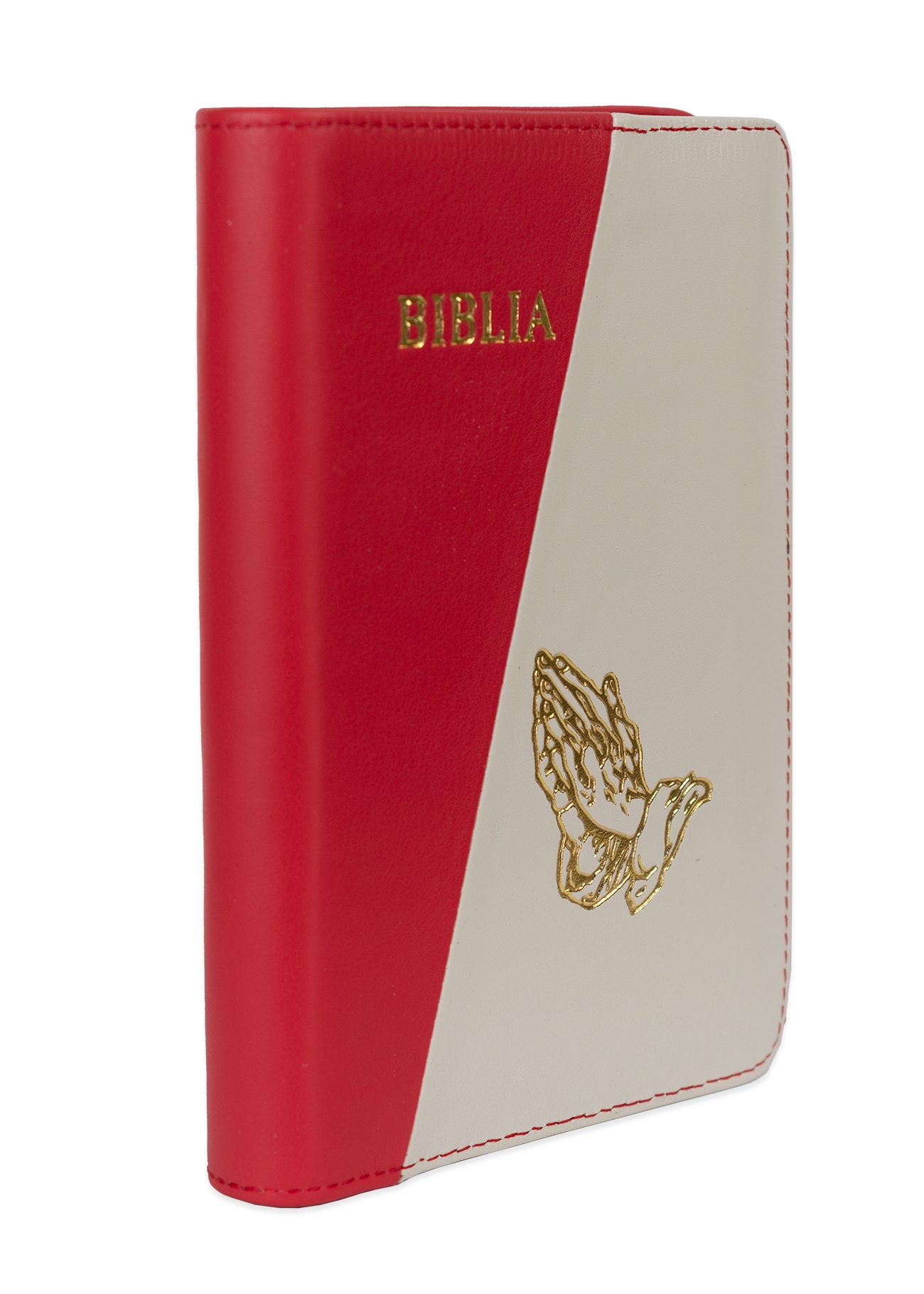 Biblie din piele, marime medie, culoare, roșu cu crem deschis, simbol maini in rugaciune, fermoar, index, margini aurii, cuv. lui Isus cu rosu [SB 057 PFI]