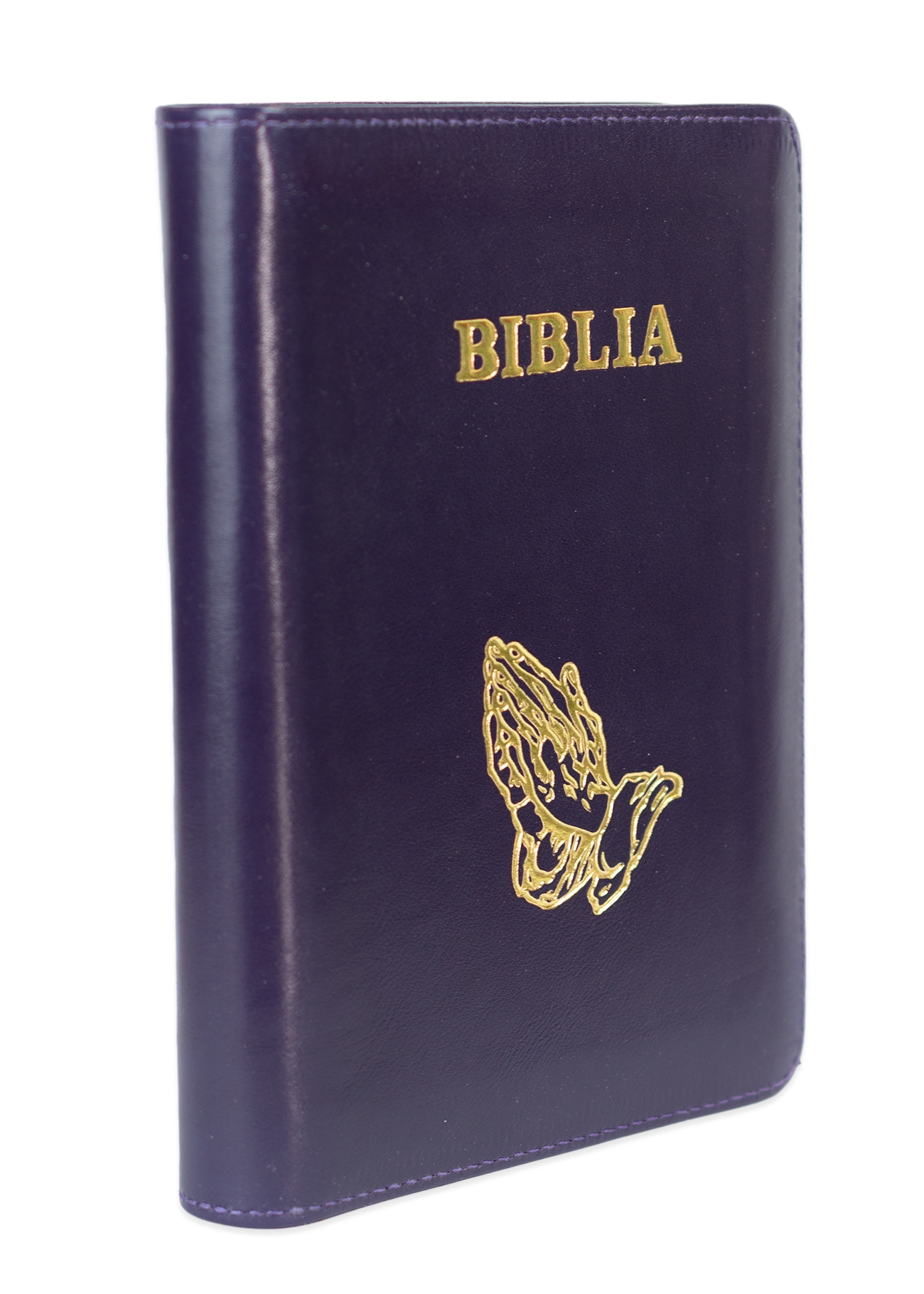 Biblie din piele, marime medie, culoare, mov, simbol maini in rugaciune, fermoar, index, margini aurii, cuv. lui Isus cu rosu [SB 057 PFI]