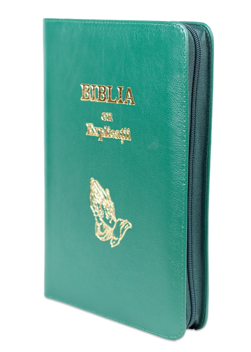 Biblia cu explicatii + concordanta biblica, piele naturala, verde, fermoar, index, aurita, simbol maini, cuv. lui Isus cu rosu [CO 77 PFI]