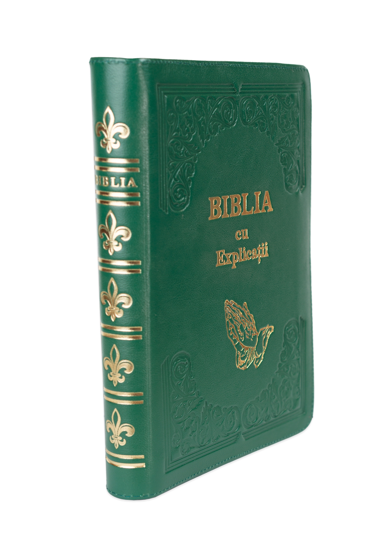 Biblia cu concordanta si explicatii, coperta piele HANDMADE, mare, culoare verde, fermoar, index, margini aurii, maini in ruga, cuv. lui Isus cu rosu [CO 77 HMI]