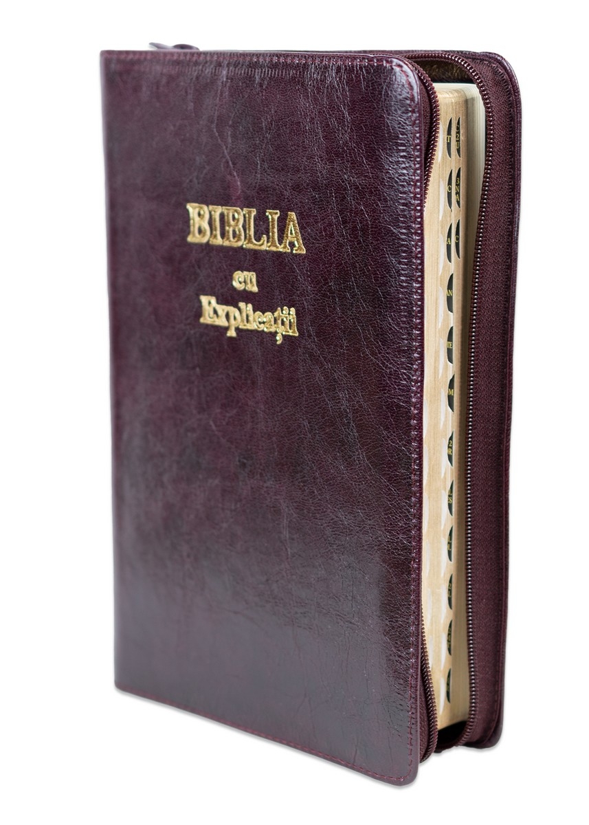 Biblia cu explicatii + concordanta biblica, piele naturala, visiniu inchis, fermoar, index, margini aurii, cuv. lui Isus cu rosu [CO 77 PFI]