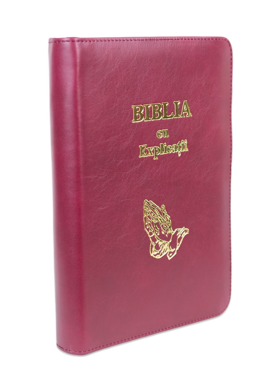 Biblia cu explicatii + concordanta biblica, piele naturala, visiniu deschis, fermoar, index, margini aurii, simbol maini in ruga, cuv. lui Isus cu rosu [CO 77 PFI]