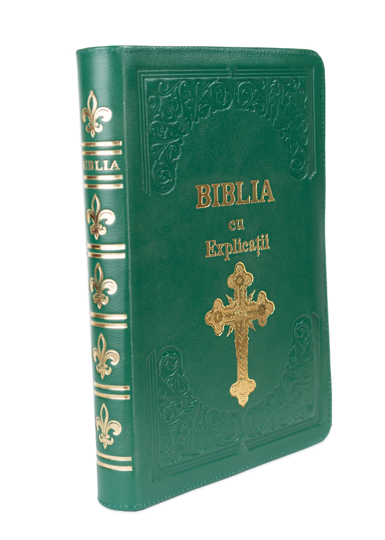Biblia cu concordanta si explicatii, coperta piele HANDMADE, mare, culoare verde, fermoar, index, margini aurii, simbol cruce , cuv. lui Isus cu rosu [CO 77 HMI]