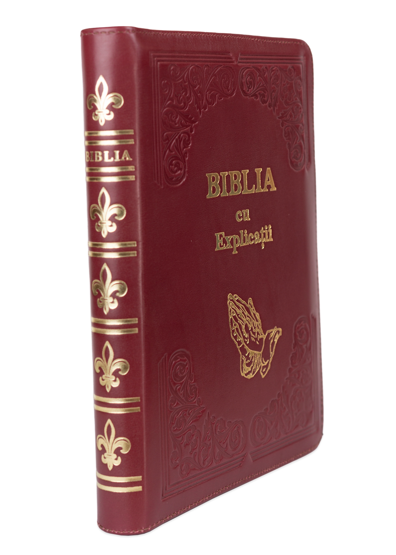 Biblia cu concordanta si explicatii, coperta piele HANDMADE, mare, culoare bordo, fermoar, index, margini aurii, maini in ruga, cuv. lui Isus cu rosu [CO 77 HMI]