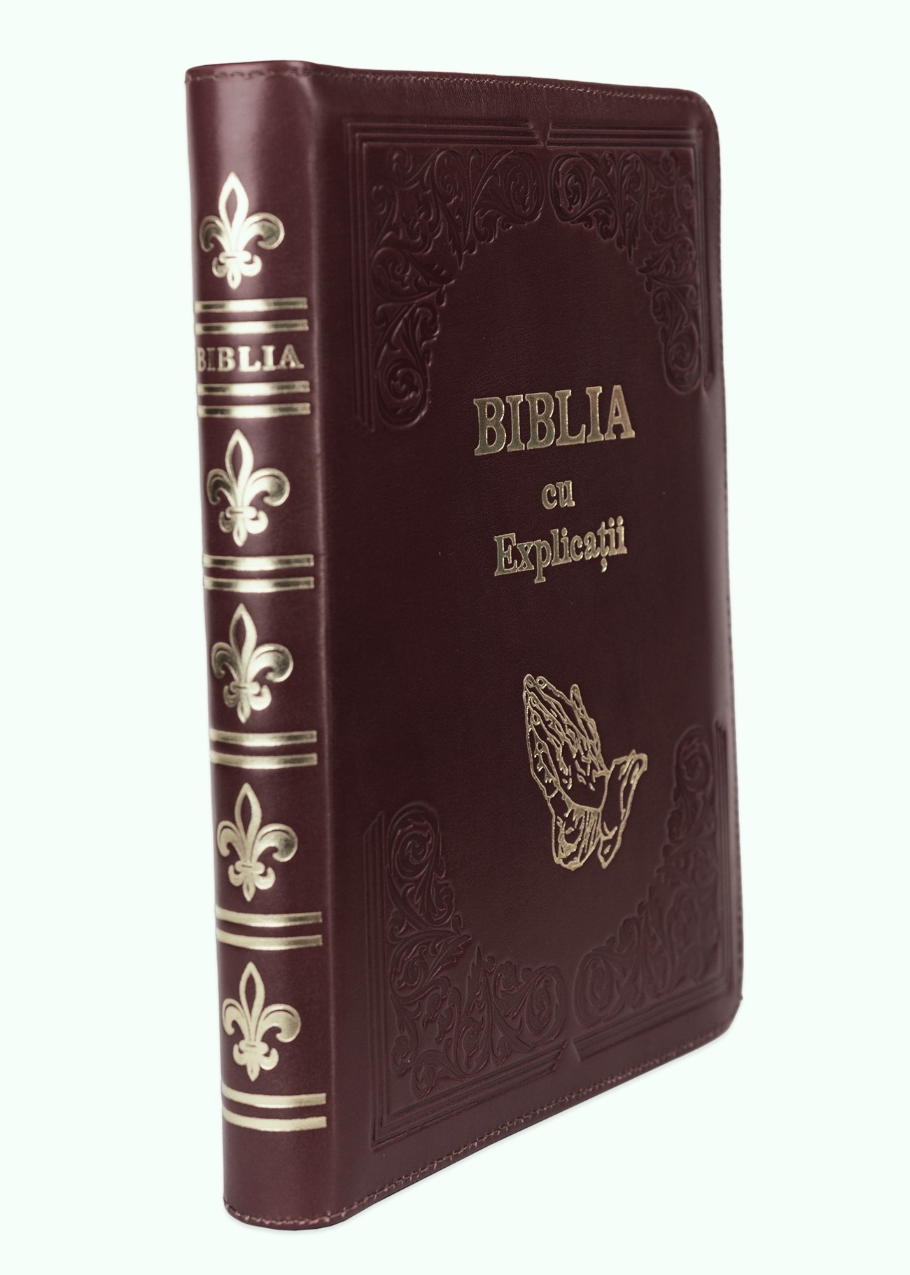 Biblia cu concordanta si explicatii, coperta piele HANDMADE, mare, culoare bordo închis, fermoar, index, margini aurii, maini in ruga, cuv. lui Isus cu rosu [CO 77 HMI]