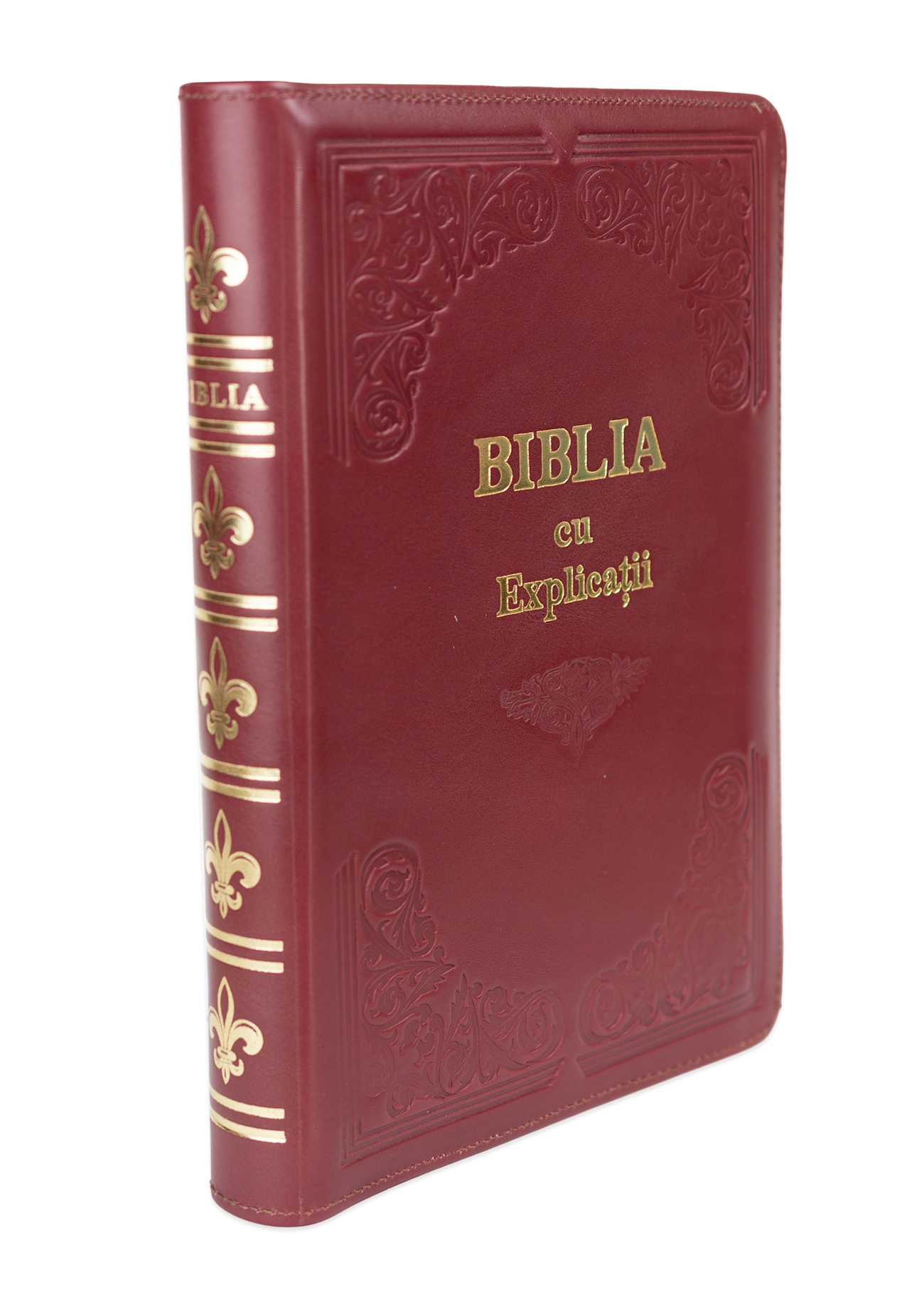 Biblia cu concordanta si explicatii, coperta piele HANDMADE, mare, culoare bordo, fermoar, index, margini aurii, cuv. lui Isus cu rosu [CO 77 HMI]