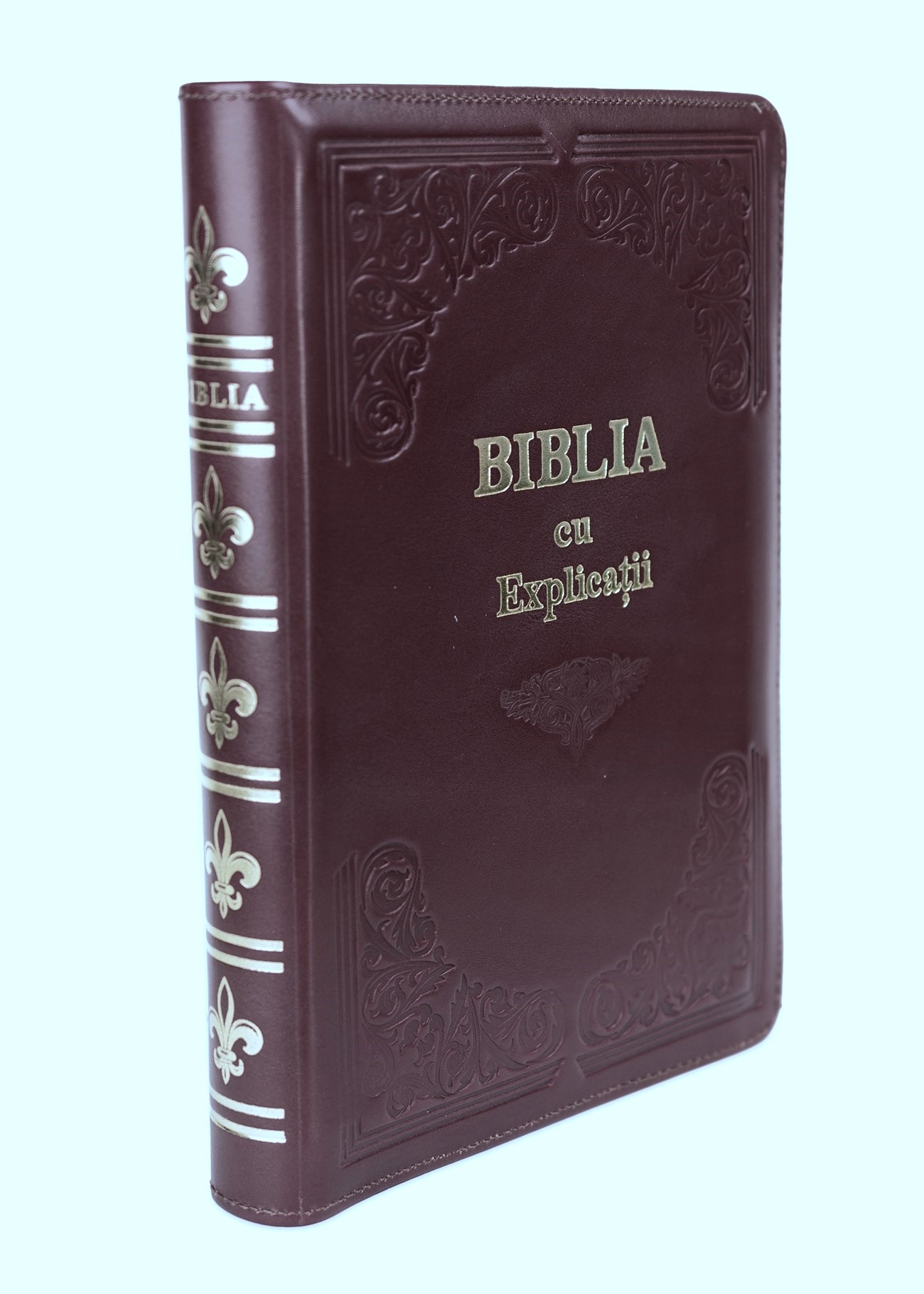 Biblia cu concordanta si explicatii, coperta piele HANDMADE, mare, culoare boro închis, fermoar, index, margini aurii, cuv. lui Isus cu rosu [CO 77 HMI]