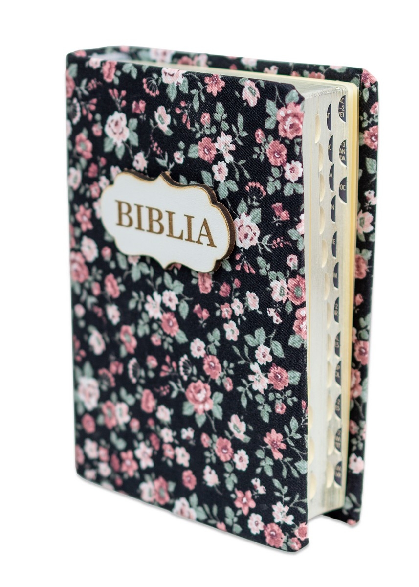 Biblia handmade, marime mica, coperta textila, margini argintii, index, cuv. lui Isus cu rosu, model 1 [SI 047 HM]