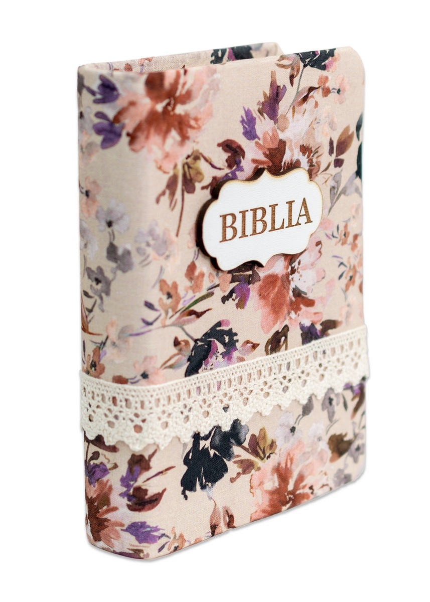 Biblia handmade, marime mica, coperta textila, margini argintii, index, cuv. lui Isus cu rosu, model 2 [SI 047 HM]