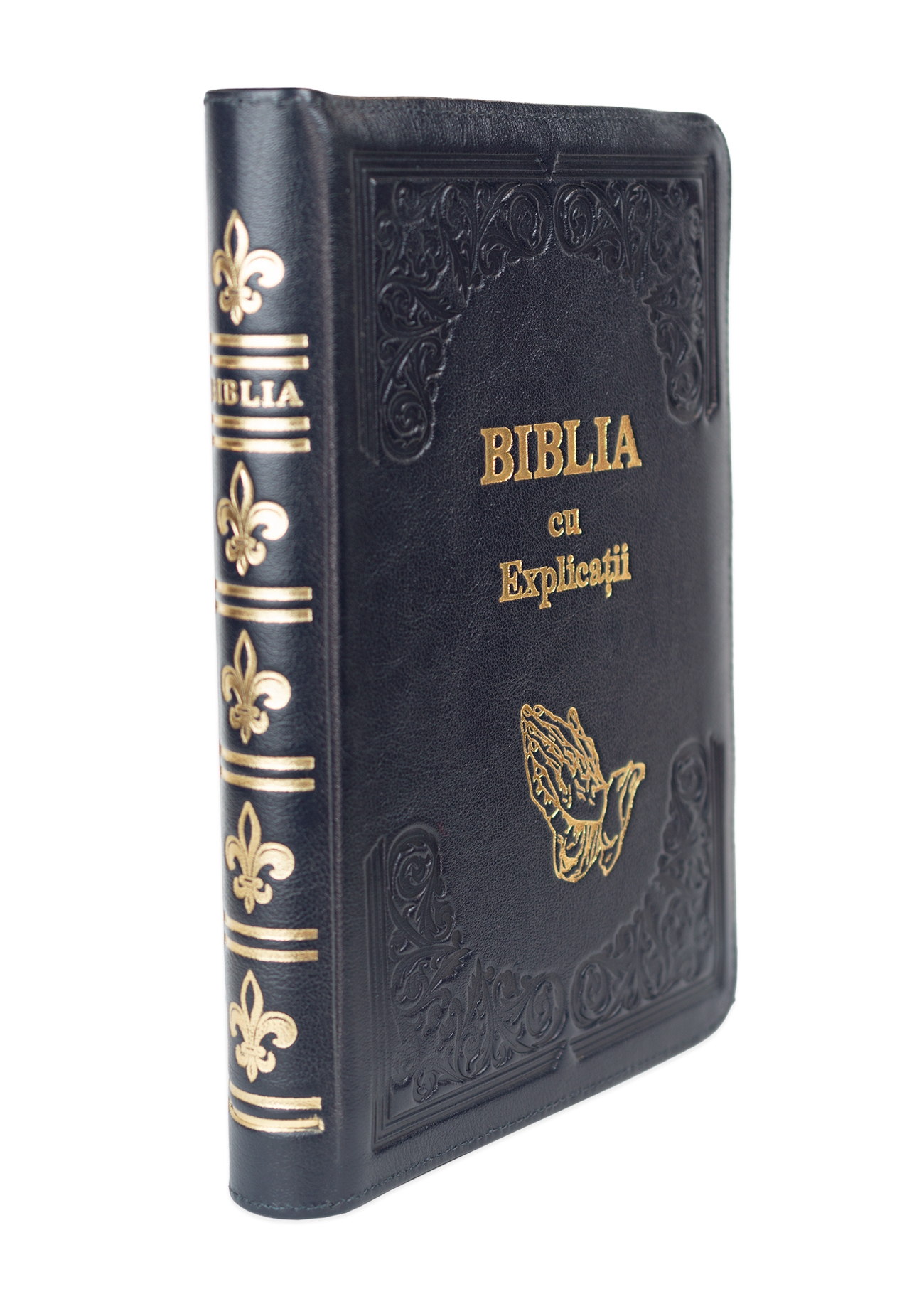 Biblia cu concordanta si explicatii, coperta piele HANDMADE, mare, culoare bleumarin închis, fermoar, index, margini aurii, maini in ruga, cuv. lui Isus cu rosu [CO 77 HMI]