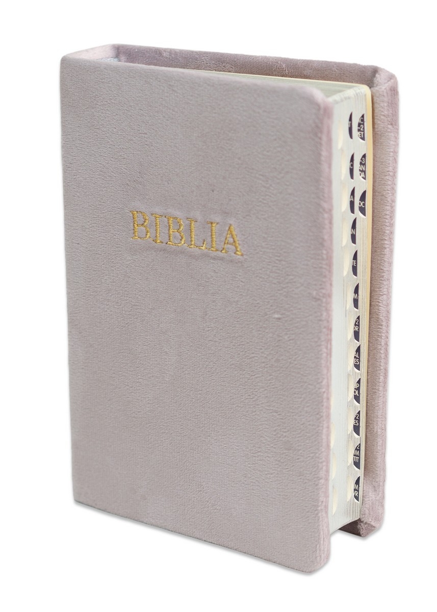 Biblia handmade, marime mica, coperta textila, margini argintii, index, cuv. lui Isus cu rosu, model 7 [SI 047 HM]