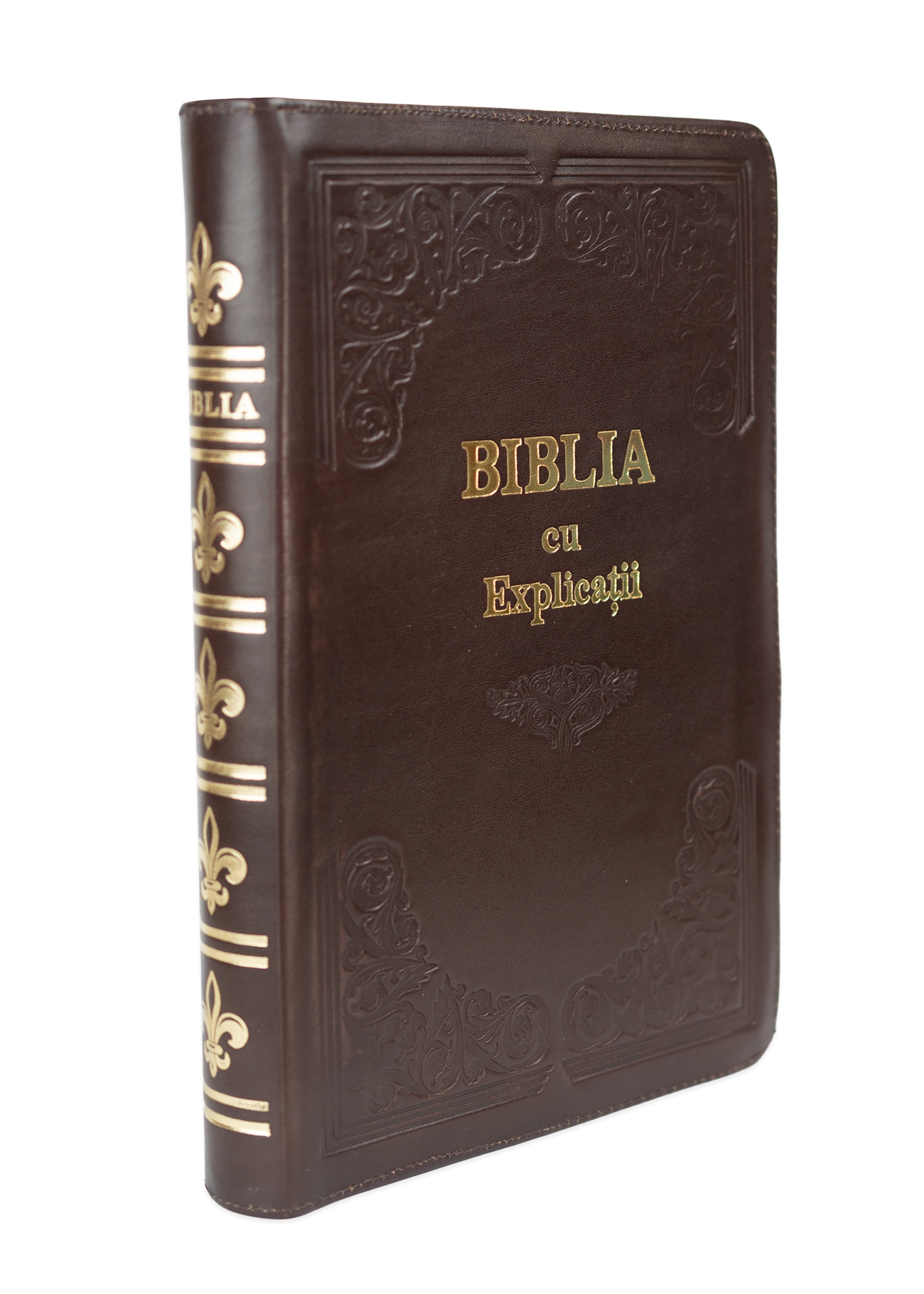 Biblia cu concordanta si explicatii, coperta piele HANDMADE, mare, culoare maro închis, fermoar, index, margini aurii, cuv. lui Isus cu rosu [CO 77 HMI]