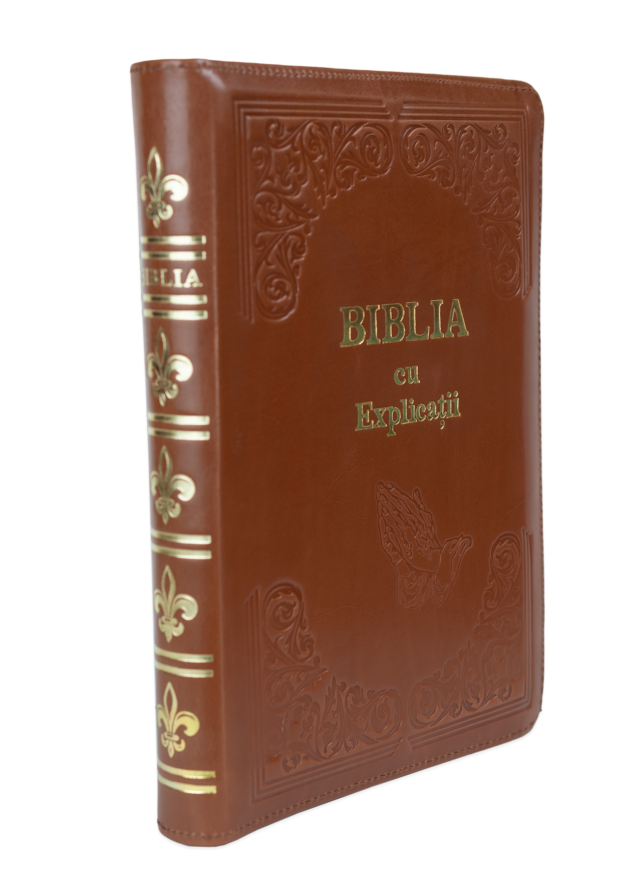 Biblia cu concordanta si explicatii, coperta piele HANDMADE, mare, culoare maro, fermoar, index, margini aurii, maini in ruga, cuv. lui Isus cu rosu [CO 77 HMI]