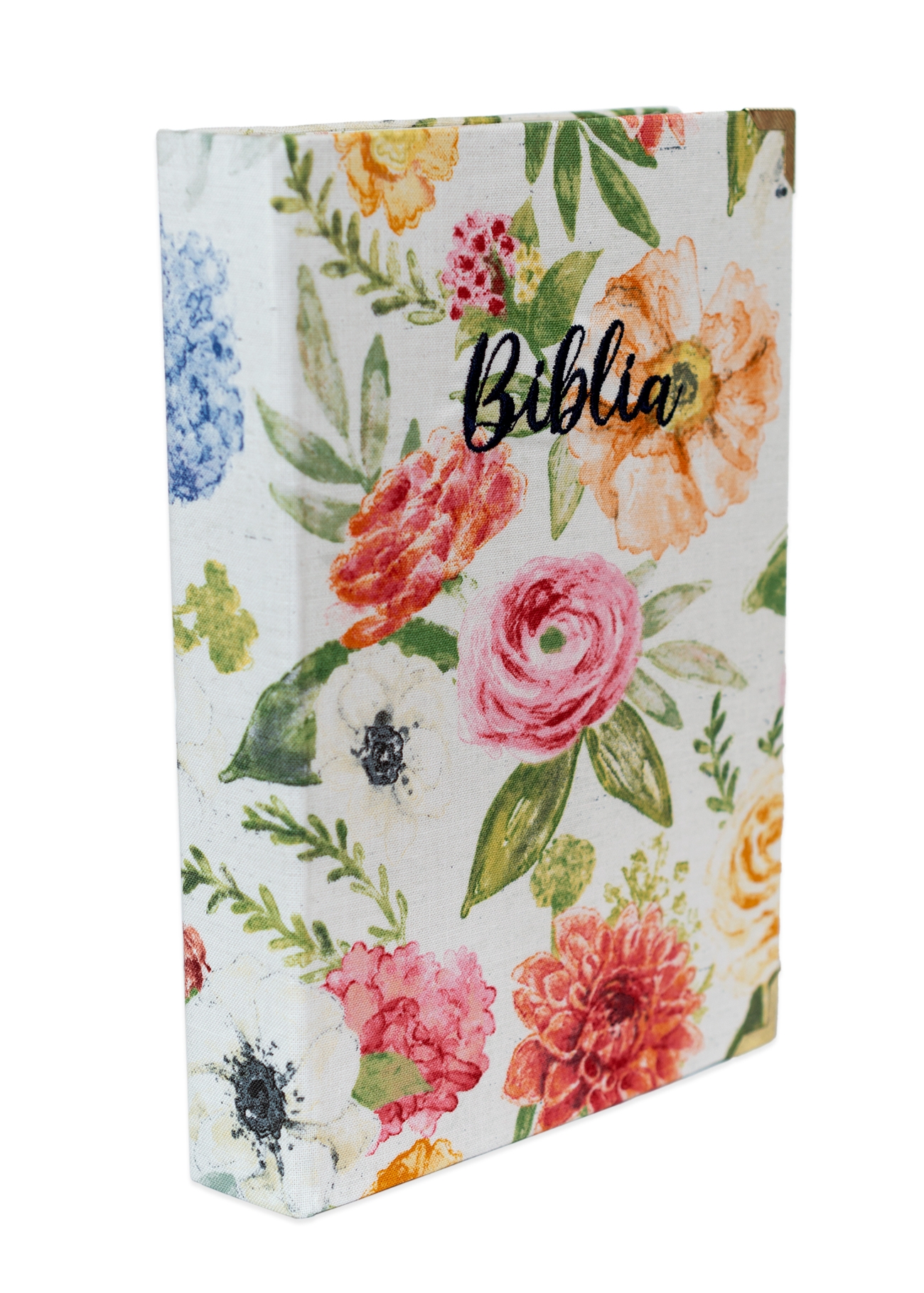 Biblia handmade, model 98, marime medie, coperta tare textila, margini aurii, index, cuv. lui Isus cu rosu [SI 057 HM]