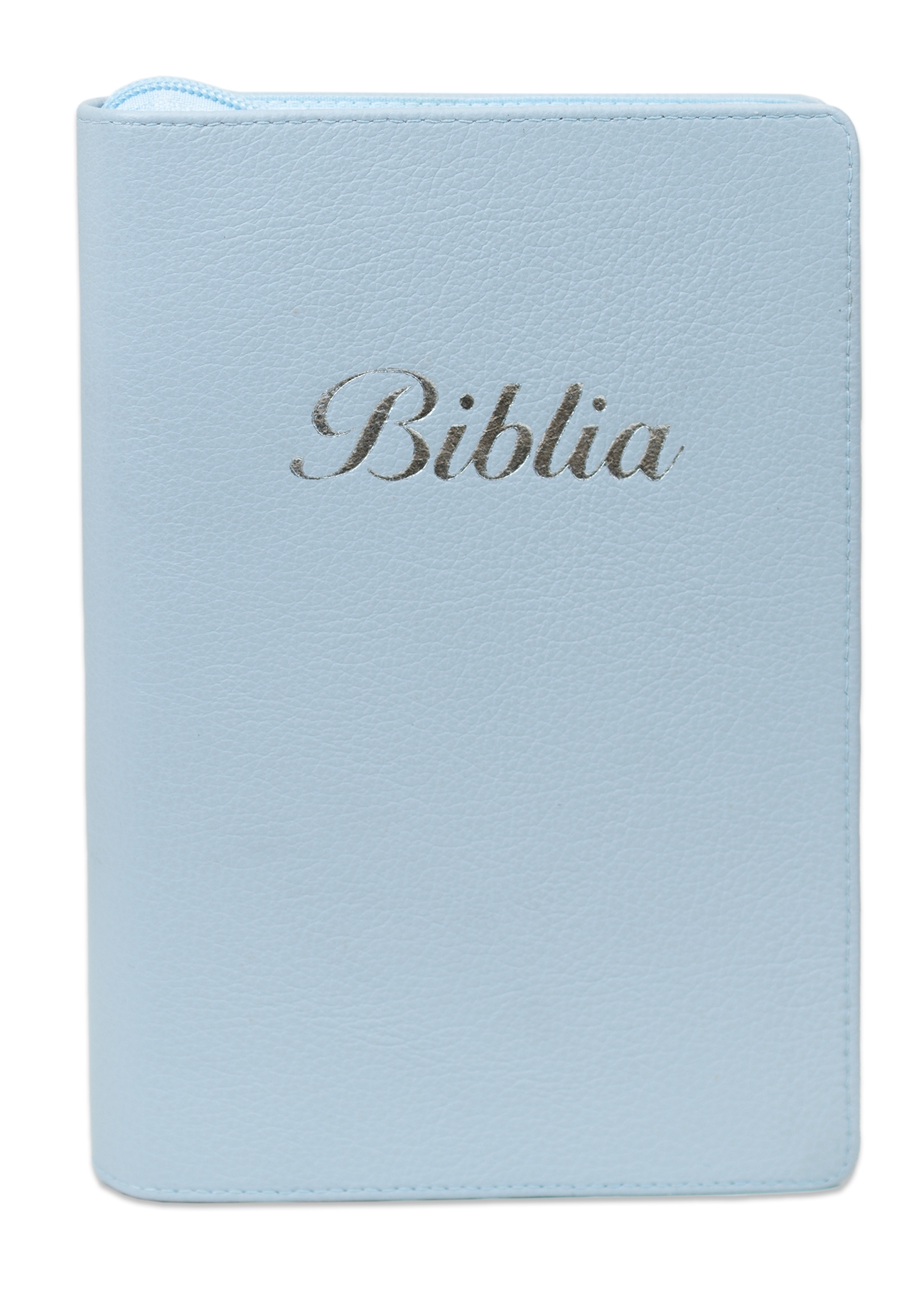Biblia marime medie, culoare albastru deschis, piele, fermoar, margini aurii, index, cuv. lui Isus cu rosu [MAR 057 PFI]