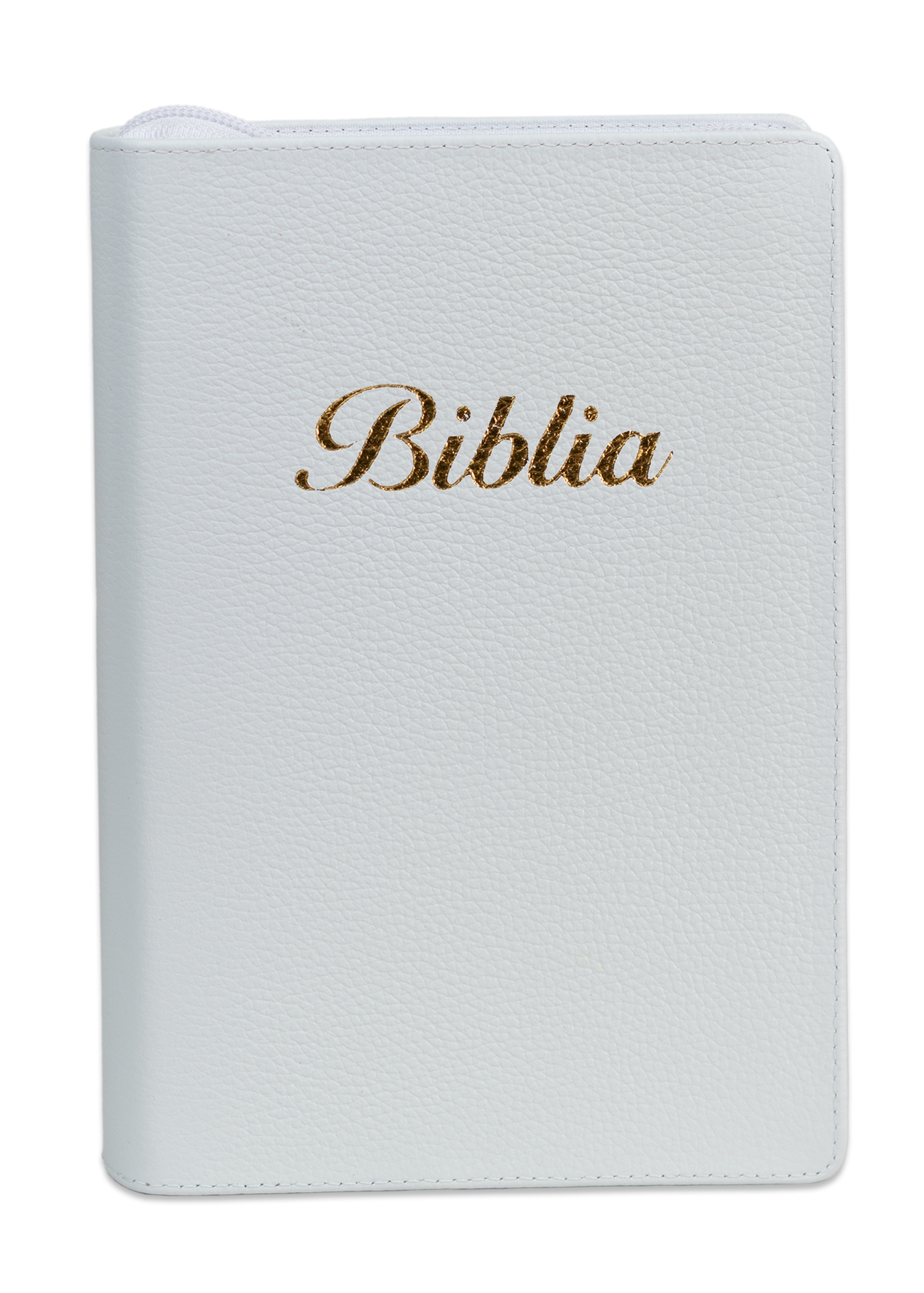 Biblia marime medie, culoare alba, piele, fermoar, margini aurii, index, cuv. lui Isus cu rosu [MAR 057 PFI]