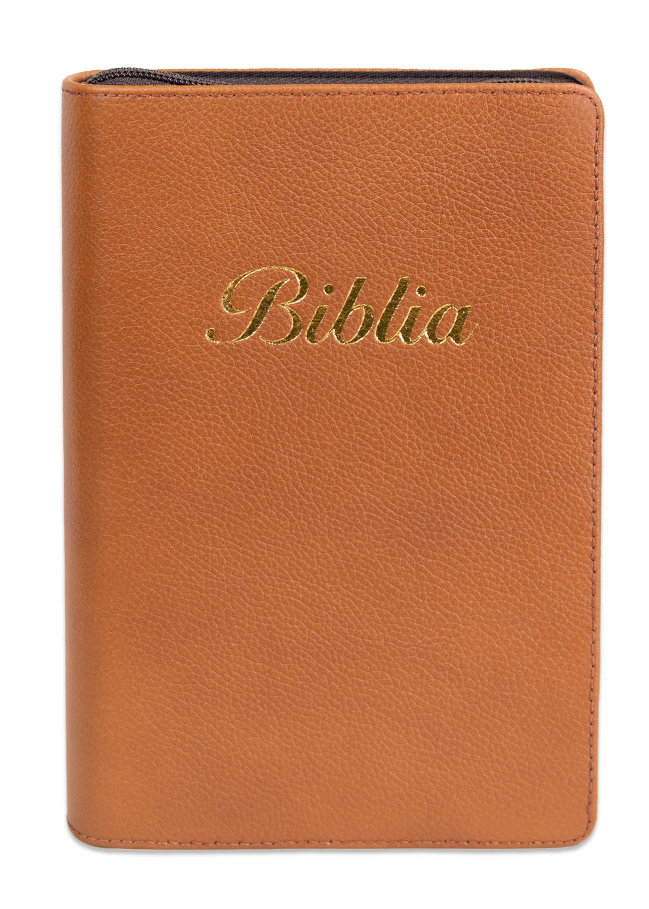 Biblia marime medie, culoare maro, piele, fermoar, margini aurii, index, cuv. lui Isus cu rosu + pix [MAR 057 PFI]