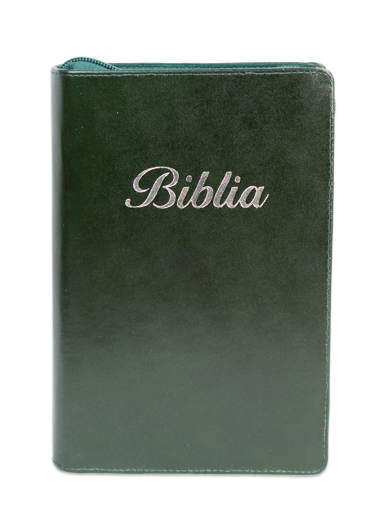 Biblia marime medie, culoare verde inchis, piele, fermoar, margini aurii, index, cuv. lui Isus cu rosu [MAR 057 PFI]