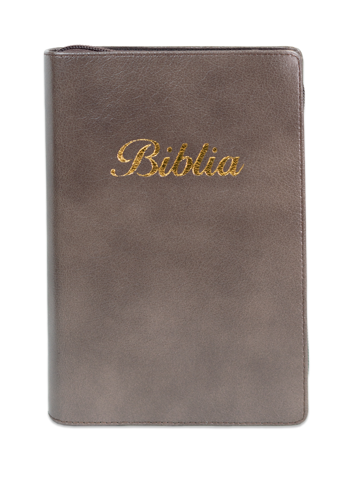 Biblia marime medie, culoare maro pamantiu, piele, fermoar, margini aurii, index, cuv. lui Isus cu rosu [MAR 057 PFI]