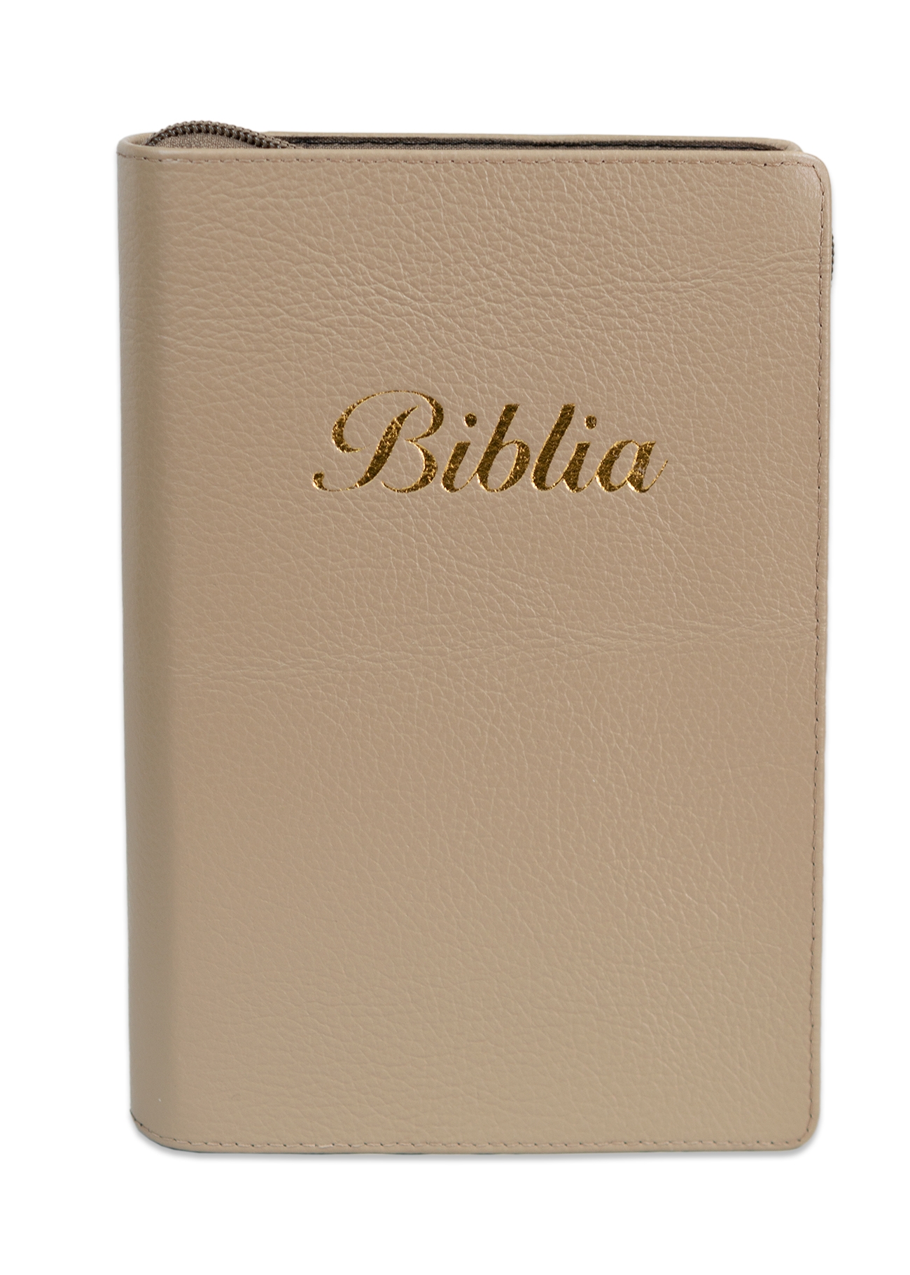 Biblia marime medie, culoare maro cappuccino, piele, fermoar, margini aurii, index, cuv. lui Isus cu rosu + pix [MAR 057 PFI]