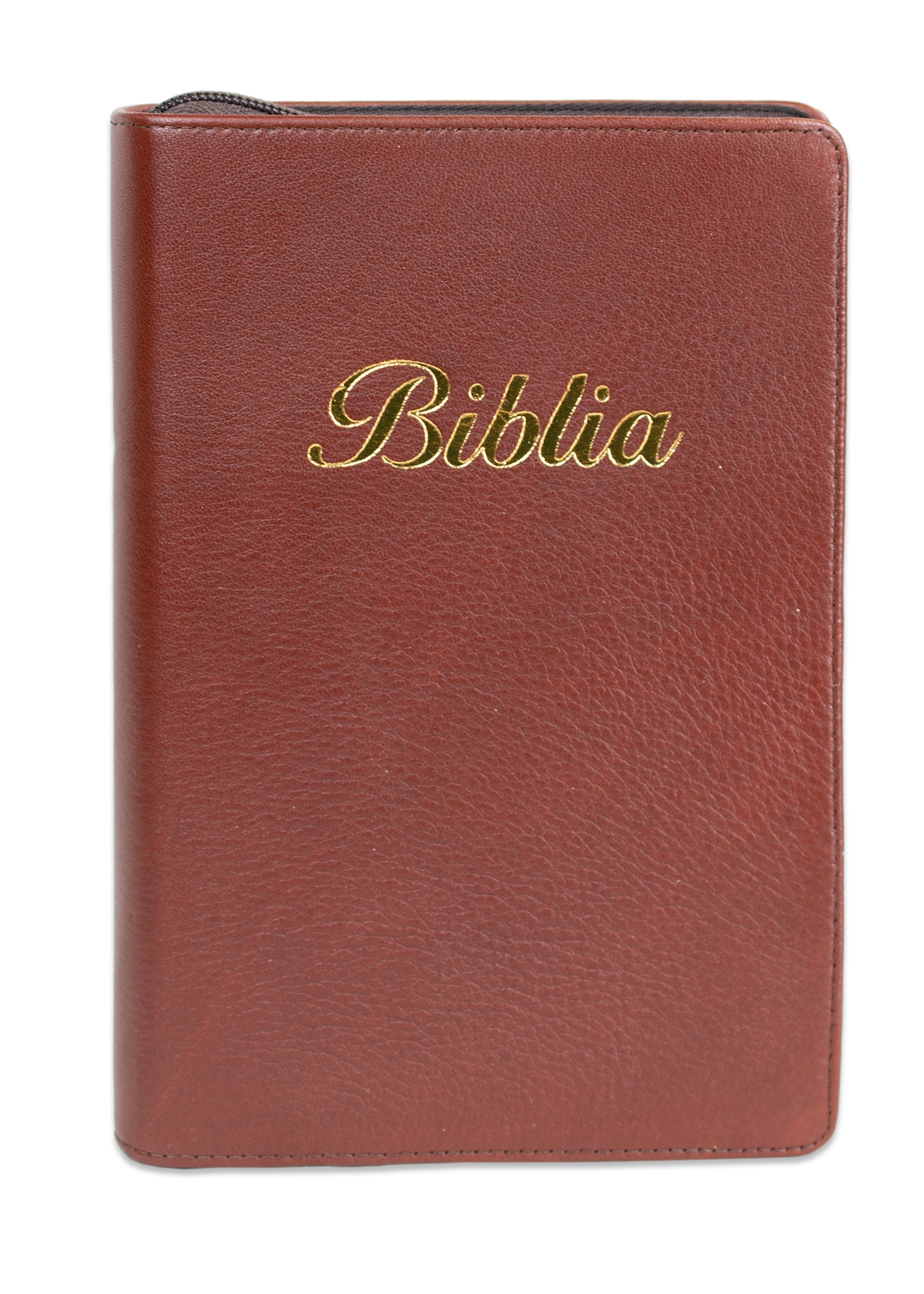 Biblia marime medie, culoare maro roscat, piele, fermoar, margini aurii, index, cuv. lui Isus cu rosu + pix [MAR 057 PFI]