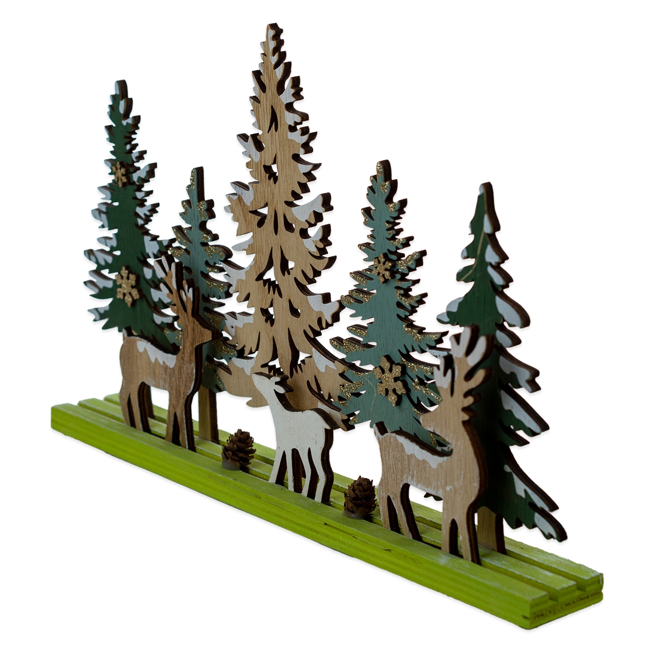 Ornament lemn cu reni si brazi de Craciun, 18 cm