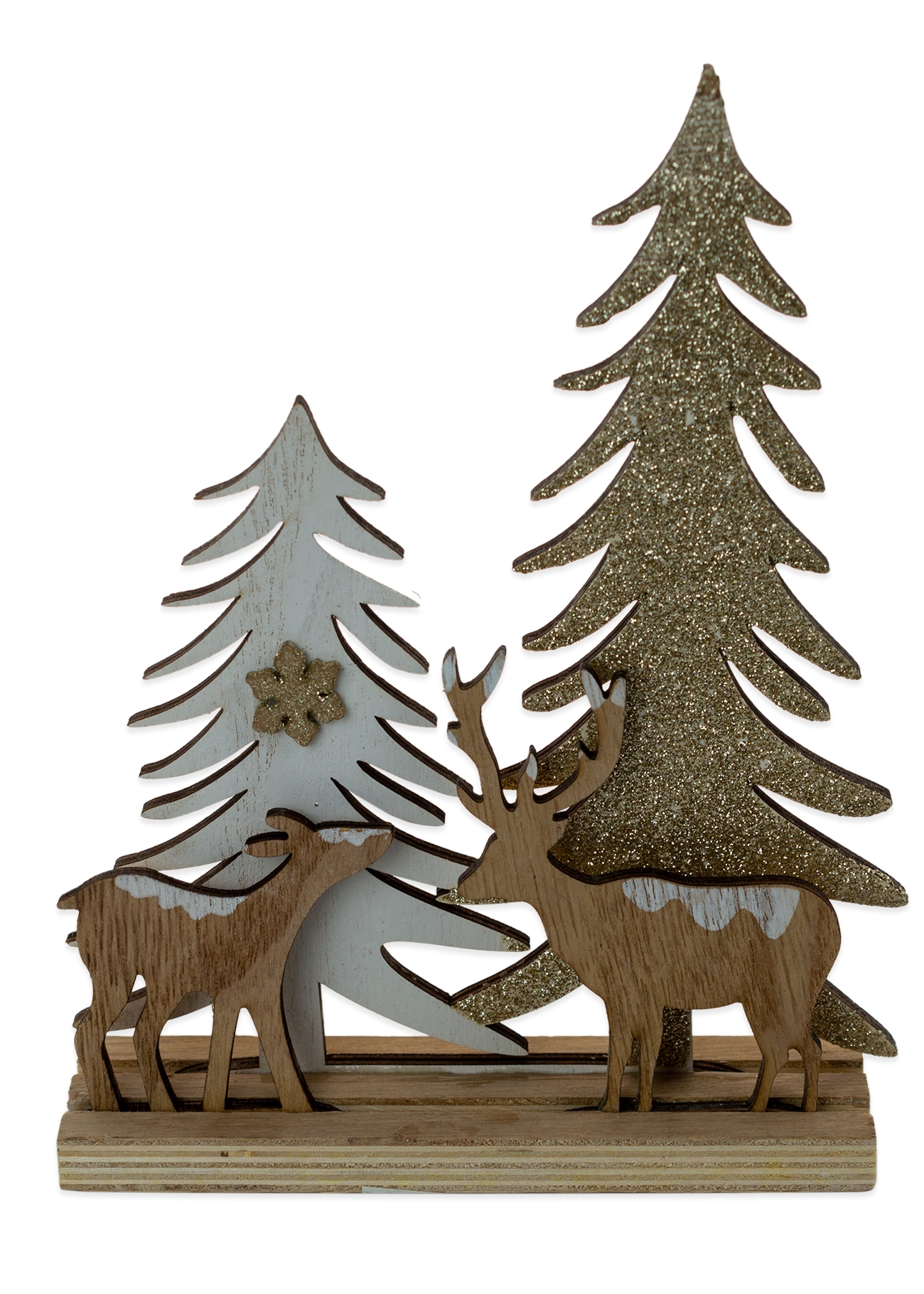 Ornament lemn cu reni si brazi de Craciun, 21 cm