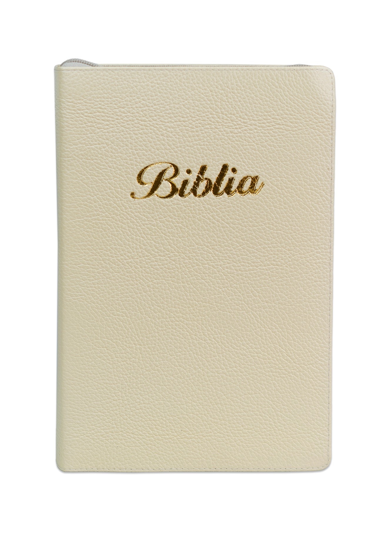 Biblie mare, piele, culoare crem, fermoar, index, margini argintii, cuv. Isus cu rosu + inel pentru pix [MAR 073 PFI]