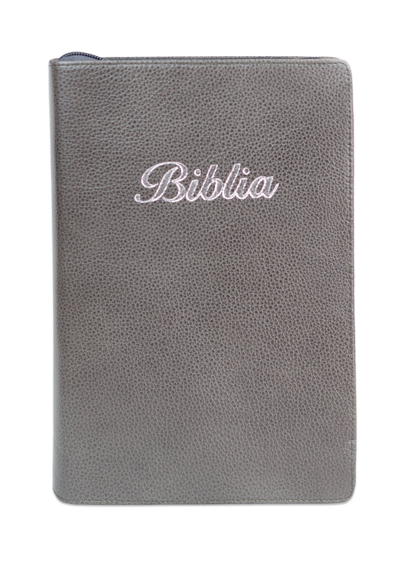 Biblie mare, piele, culoare gri texturat, fermoar, index, margini argintii, cuv. Isus cu rosu + inel pentru pix [MAR 073 PFI]