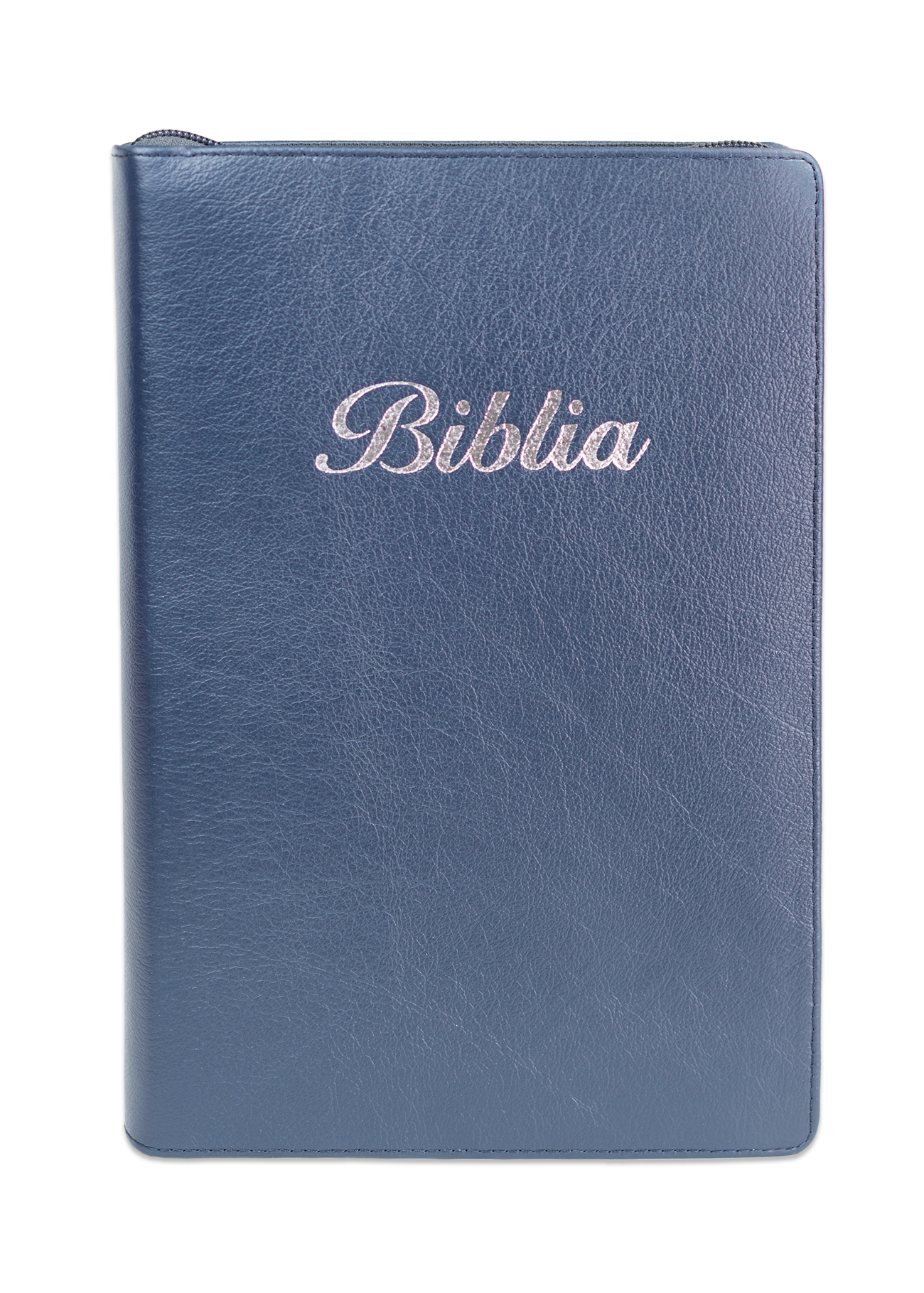 Biblie mare, piele, culoare bleumarin, fermoar, index, margini argintii, cuv. Isus cu rosu + inel pentru pix [MAR 073 PFI]