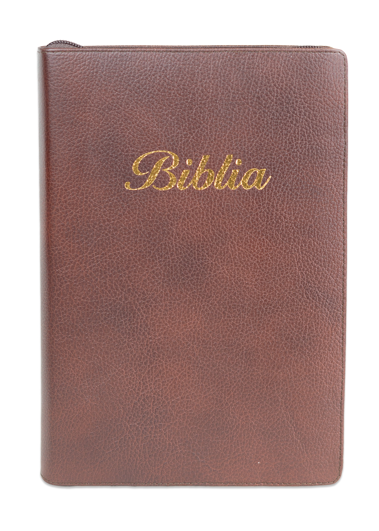 Biblie mare, piele, culoare maro, fermoar, index, margini argintii, cuv. Isus cu rosu + inel pentru pix [MAR 073 PFI]