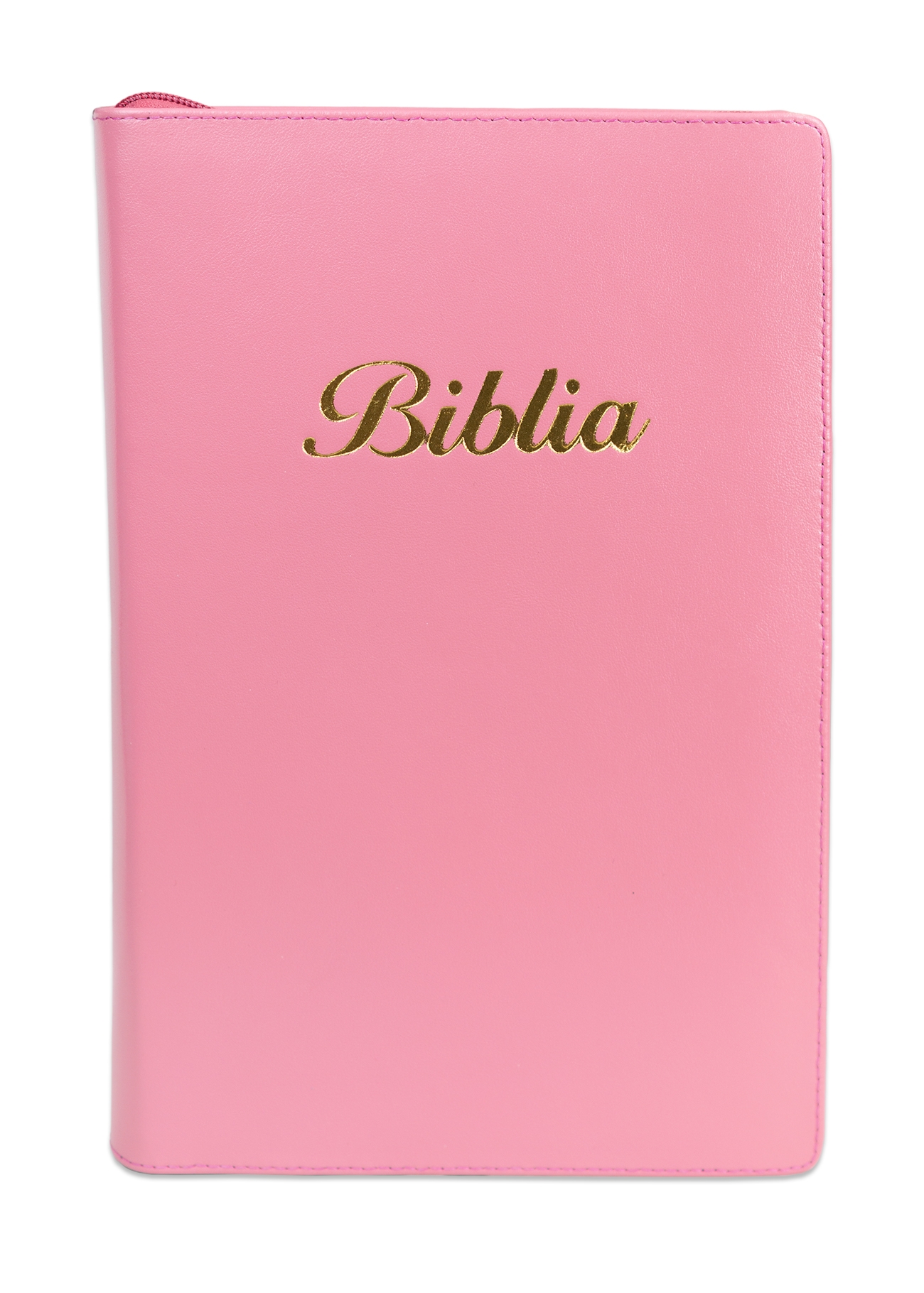 Biblie mare, piele, culoare roz, fermoar, index, margini argintii, cuv. Isus cu rosu + inel pentru pix [MAR 073 PFI]