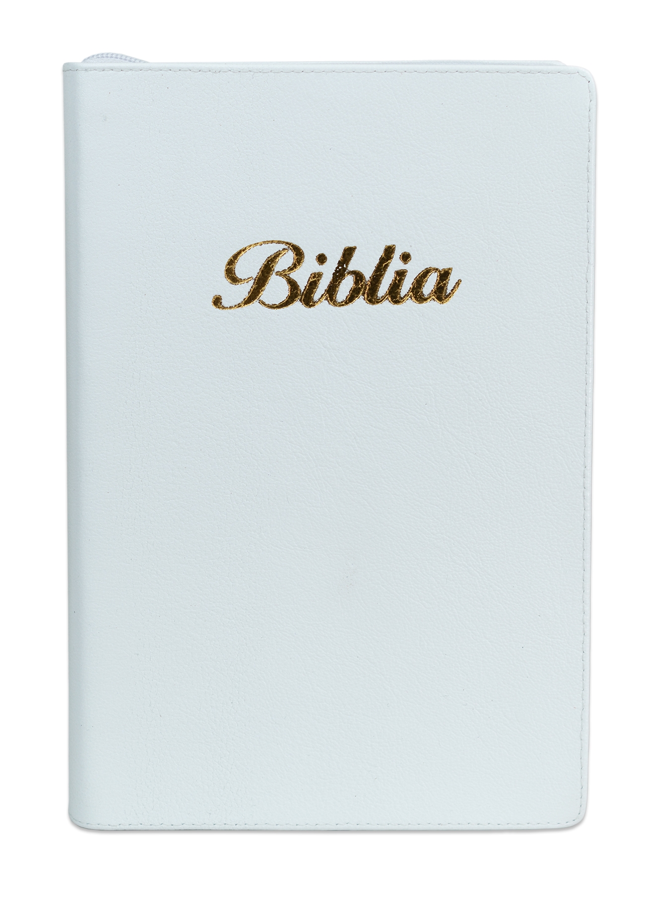 Biblie mare, piele, culoare alba, fermoar, index, margini argintii, cuv. Isus cu rosu + inel pentru pix [MAR 073 PFI]