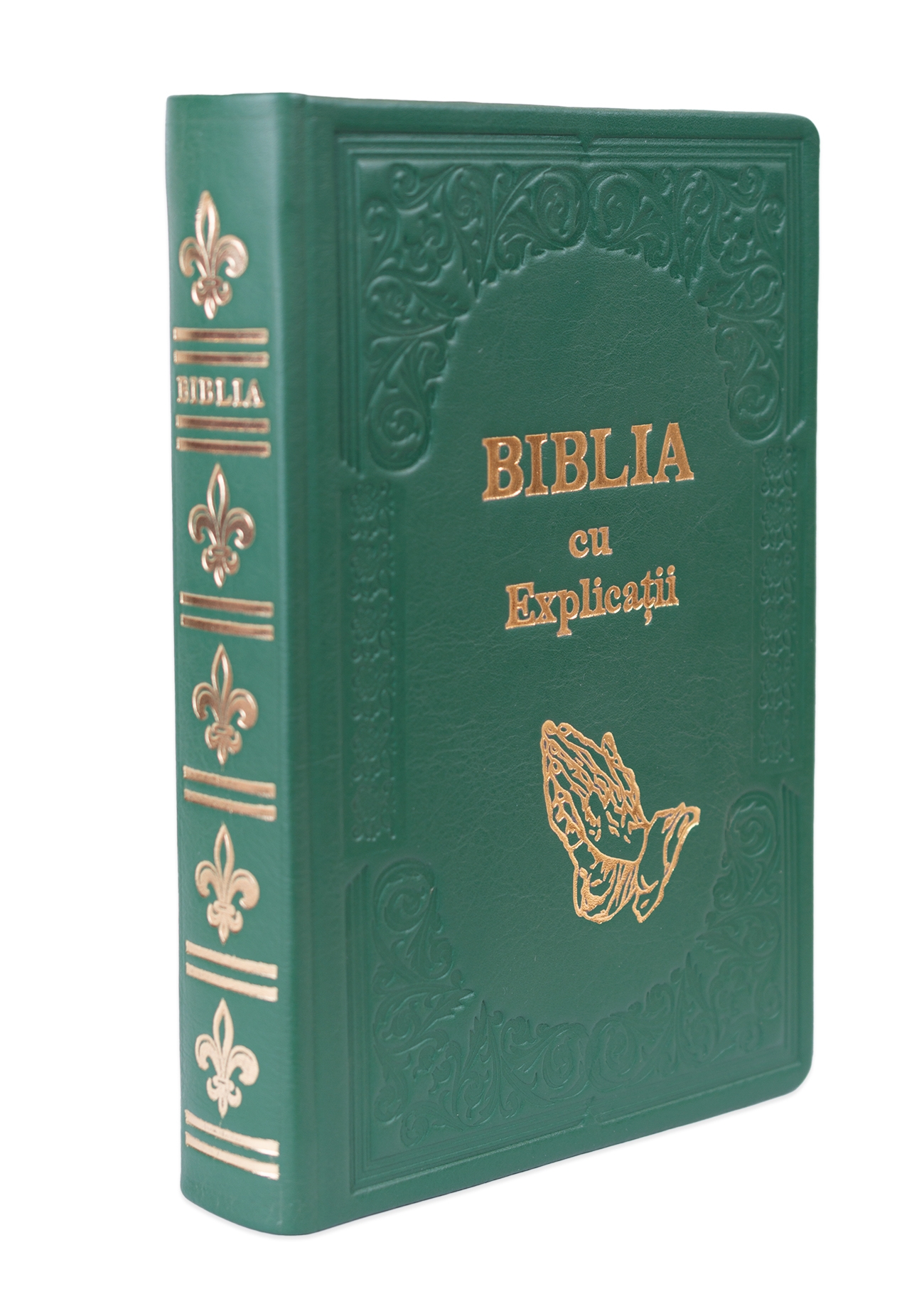 Biblia cu concordanta si explicatii, HANDMADE, mare, piele, verde, index, aurita,  cuv. lui Isus cu rosu, simbol maini in rugaciune [CO 77 HMI]