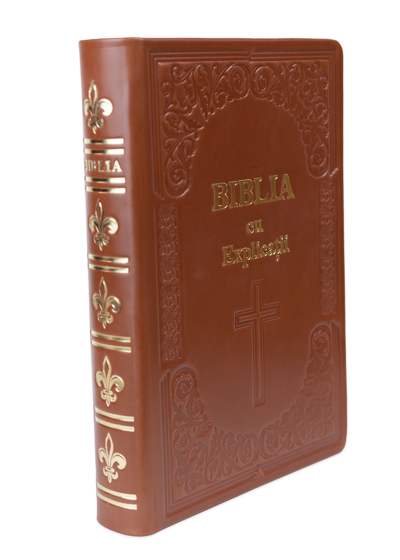 Biblia cu concordanta si explicatii, HANDMADE, mare, piele, maro deschis, index, aurita,  cuv. lui Isus cu rosu, simbol cruce [CO 77 HMI]